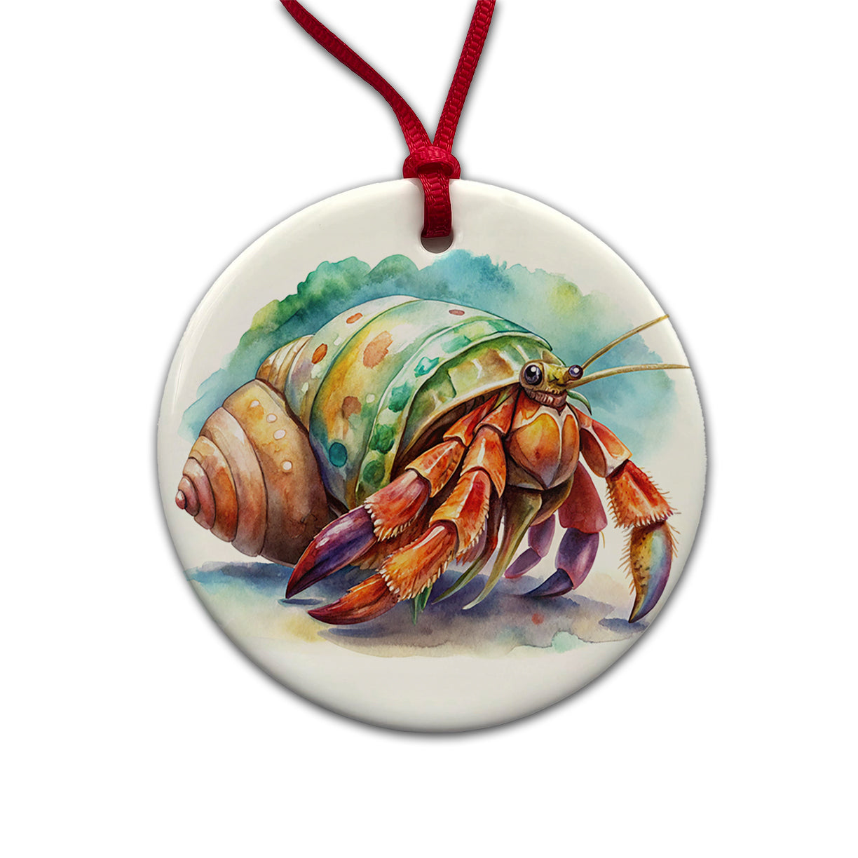 Hermit Crab Watercolor Round Ceramic Holiday Christmas Tree Ornament