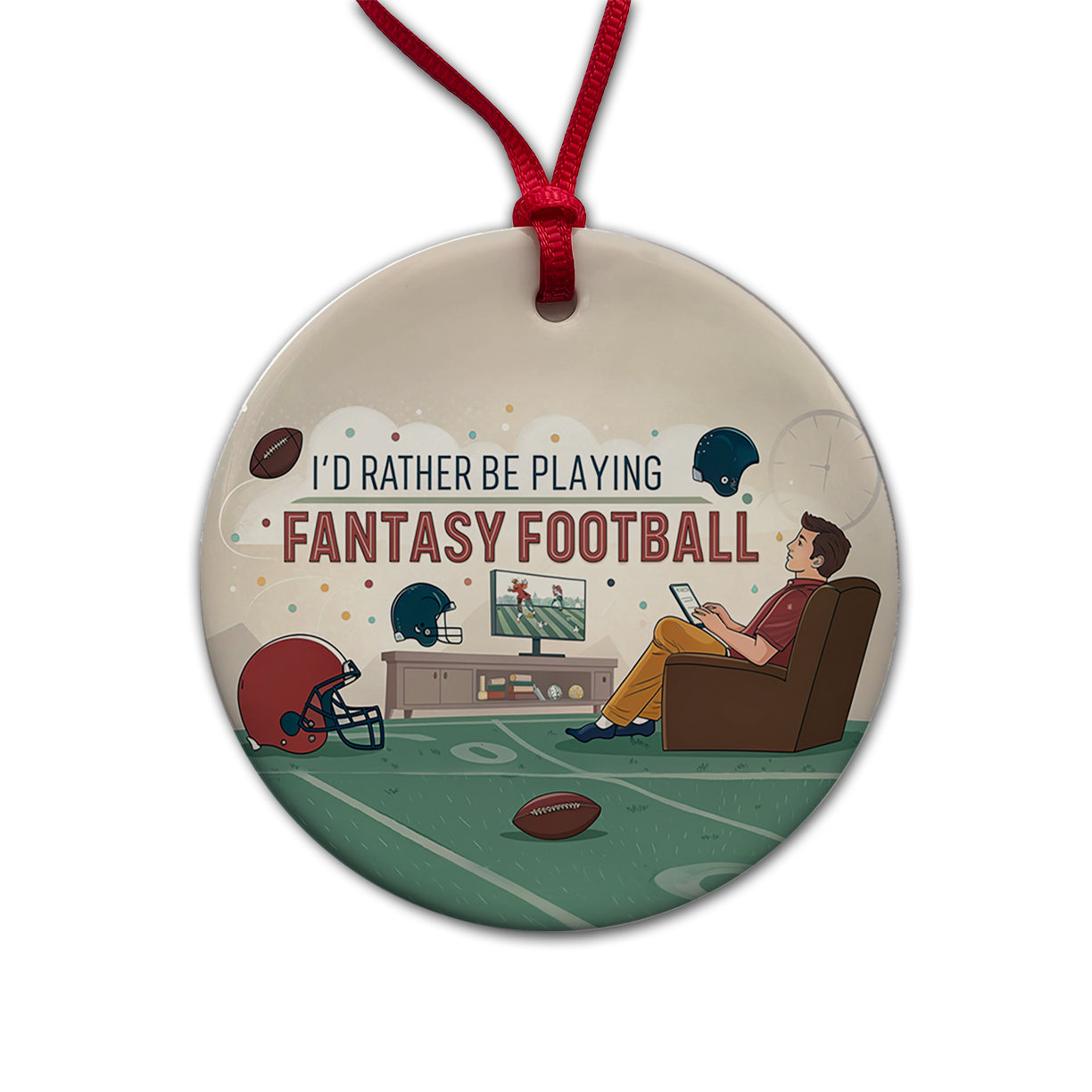 I'd Rather Be Playing Fantasy Football Round Ceramic Holiday Christmas Tree Ornament