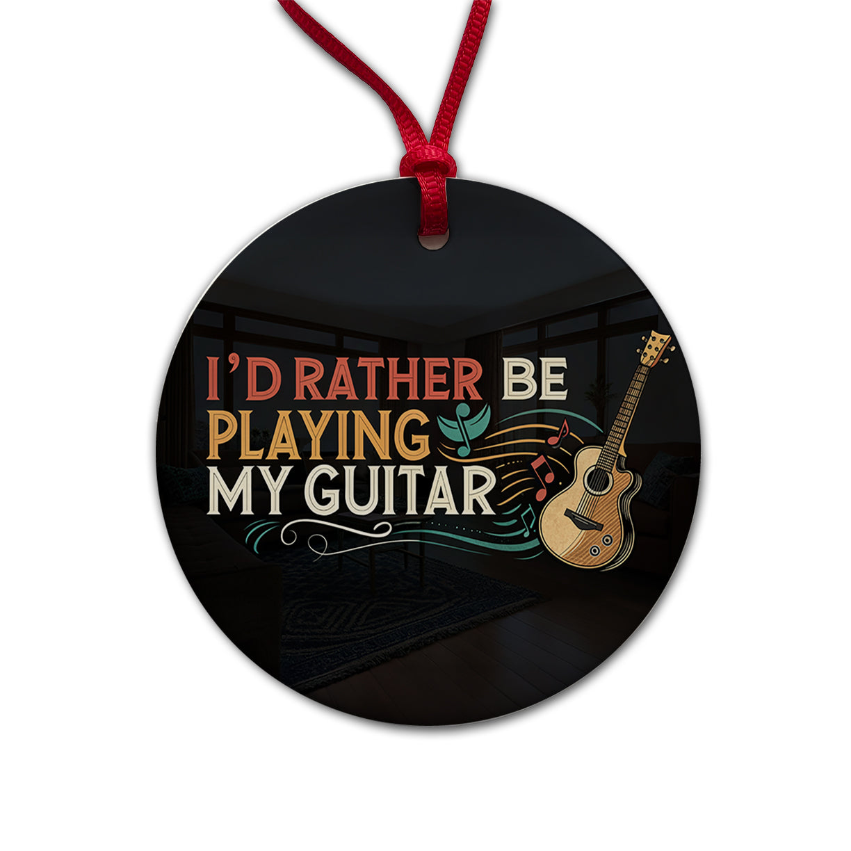 I'd Rather Be Playing My Guitar Acoustic Round Ceramic Holiday Christmas Tree Ornament