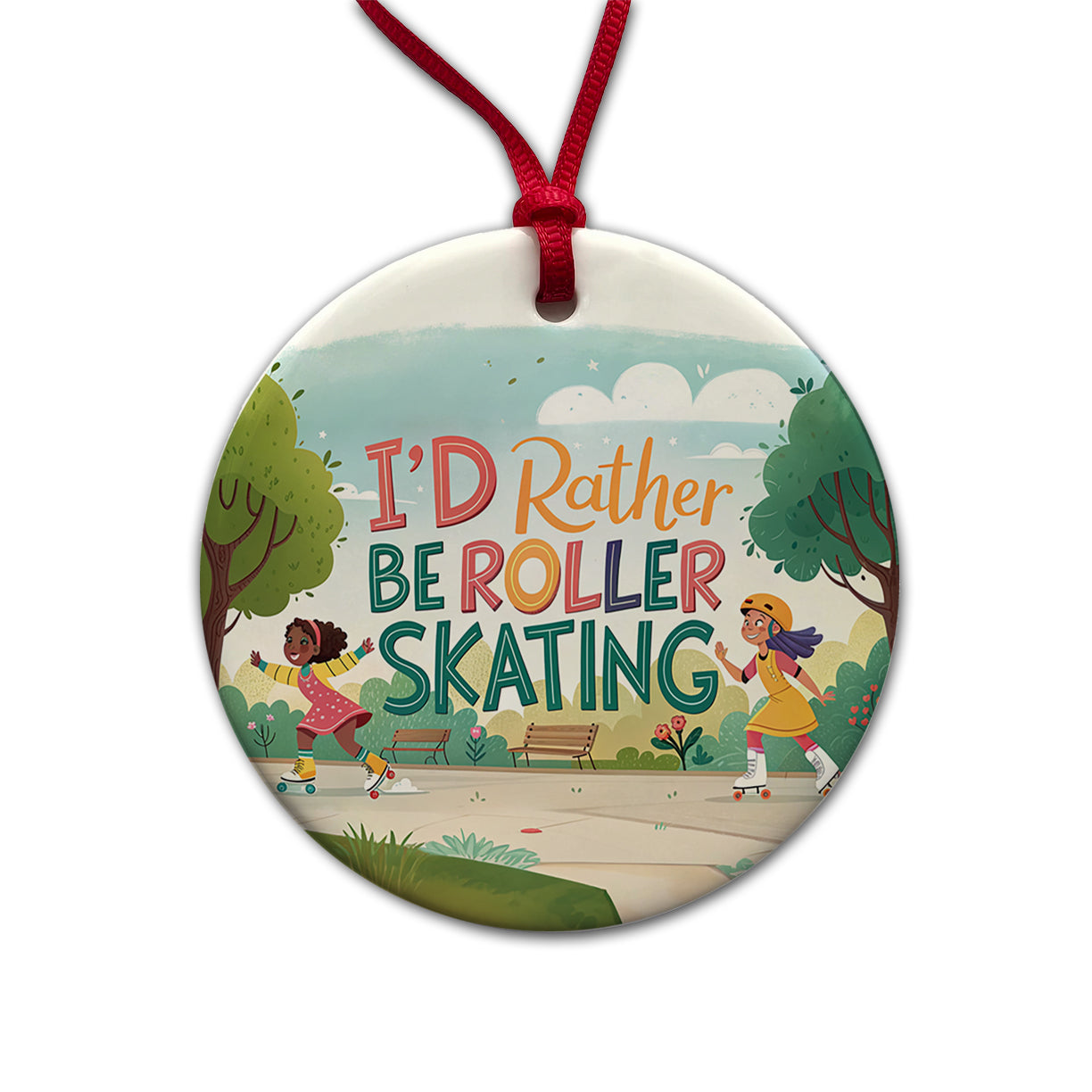 I'd Rather Be Roller Skating Cartoon Round Ceramic Holiday Christmas Tree Ornament