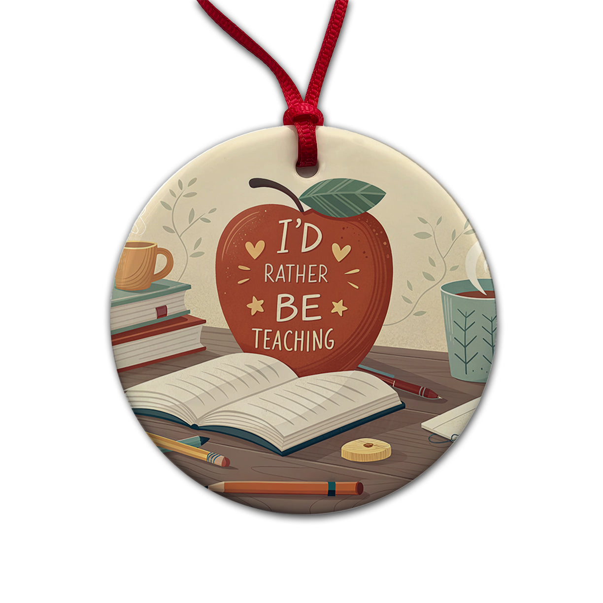 I'd Rather Be Teaching Apple Books Desk Round Ceramic Holiday Christmas Tree Ornament