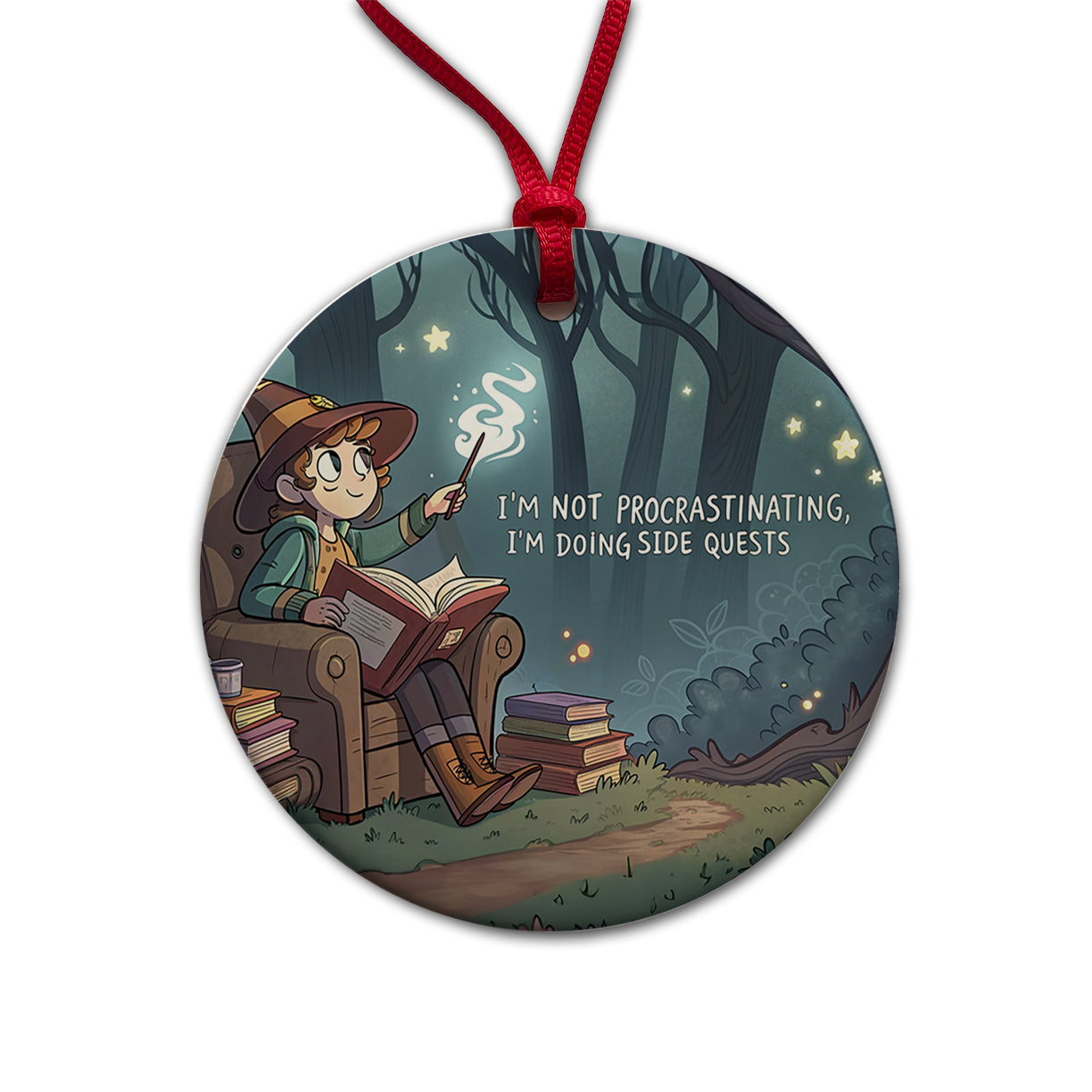 I'm Not Procrastinating Doing Side Quests Funny Witch Round Ceramic Holiday Christmas Tree Ornament
