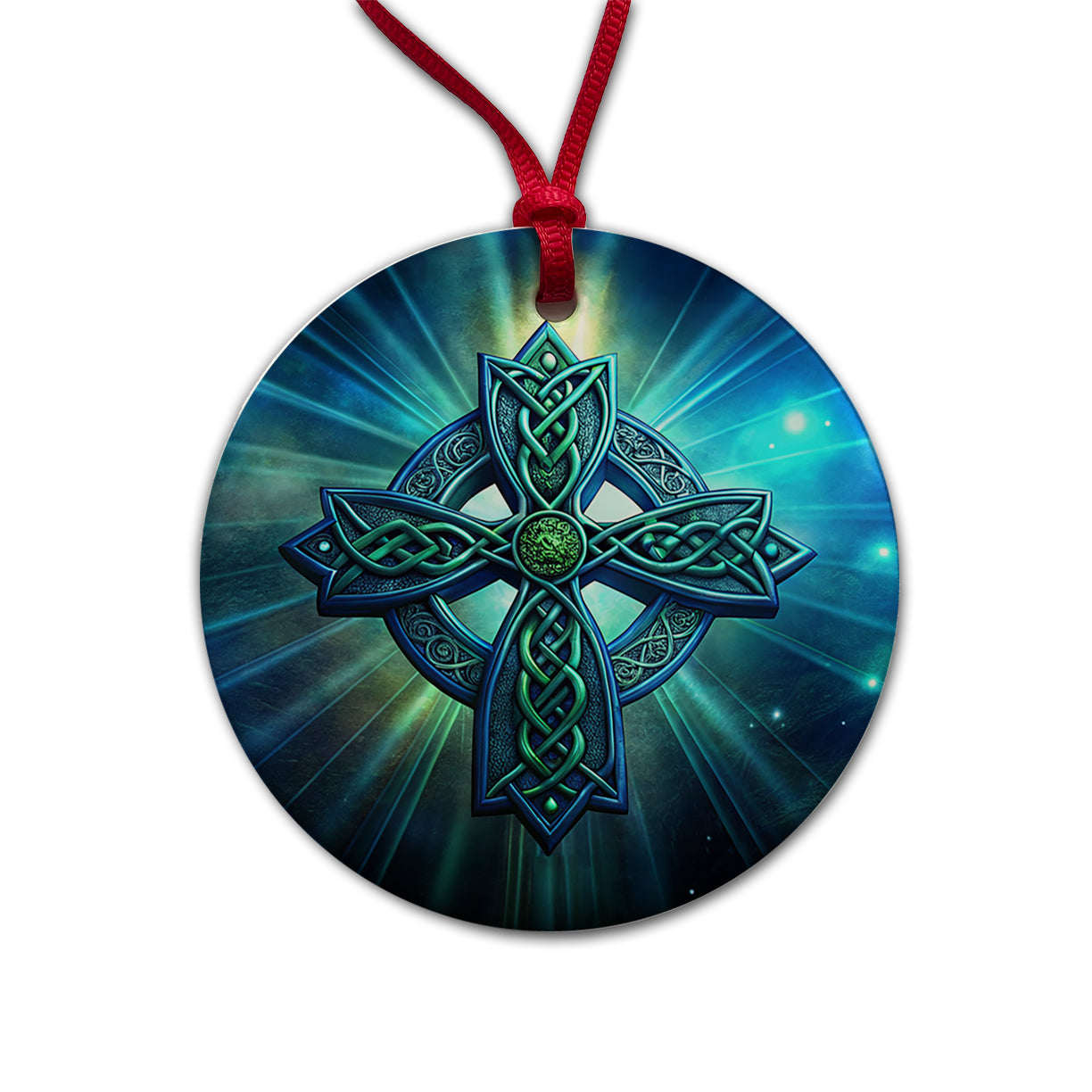 Irish Celtic Christian Cross Blue Green Round Ceramic Holiday Christmas Tree Ornament