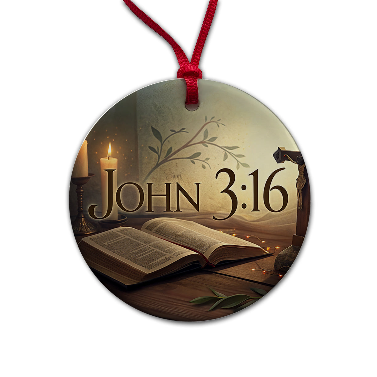 John 3-16 Bible Religious Verse Round Ceramic Holiday Christmas Tree Ornament