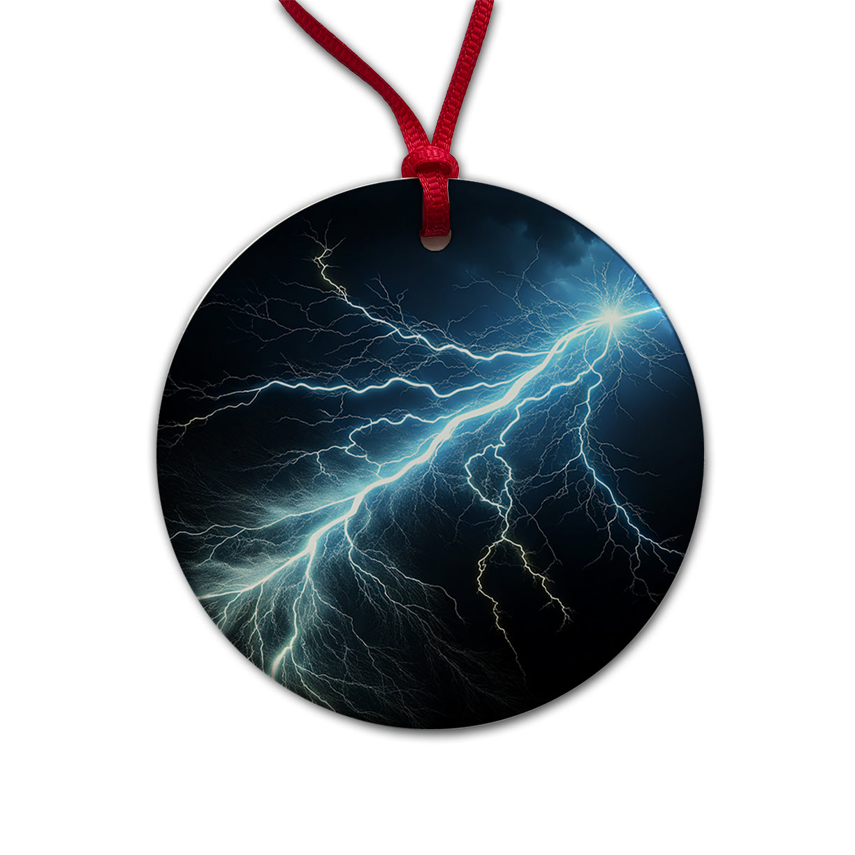 Lightning Bolt Strike at Night Round Ceramic Holiday Christmas Tree Ornament