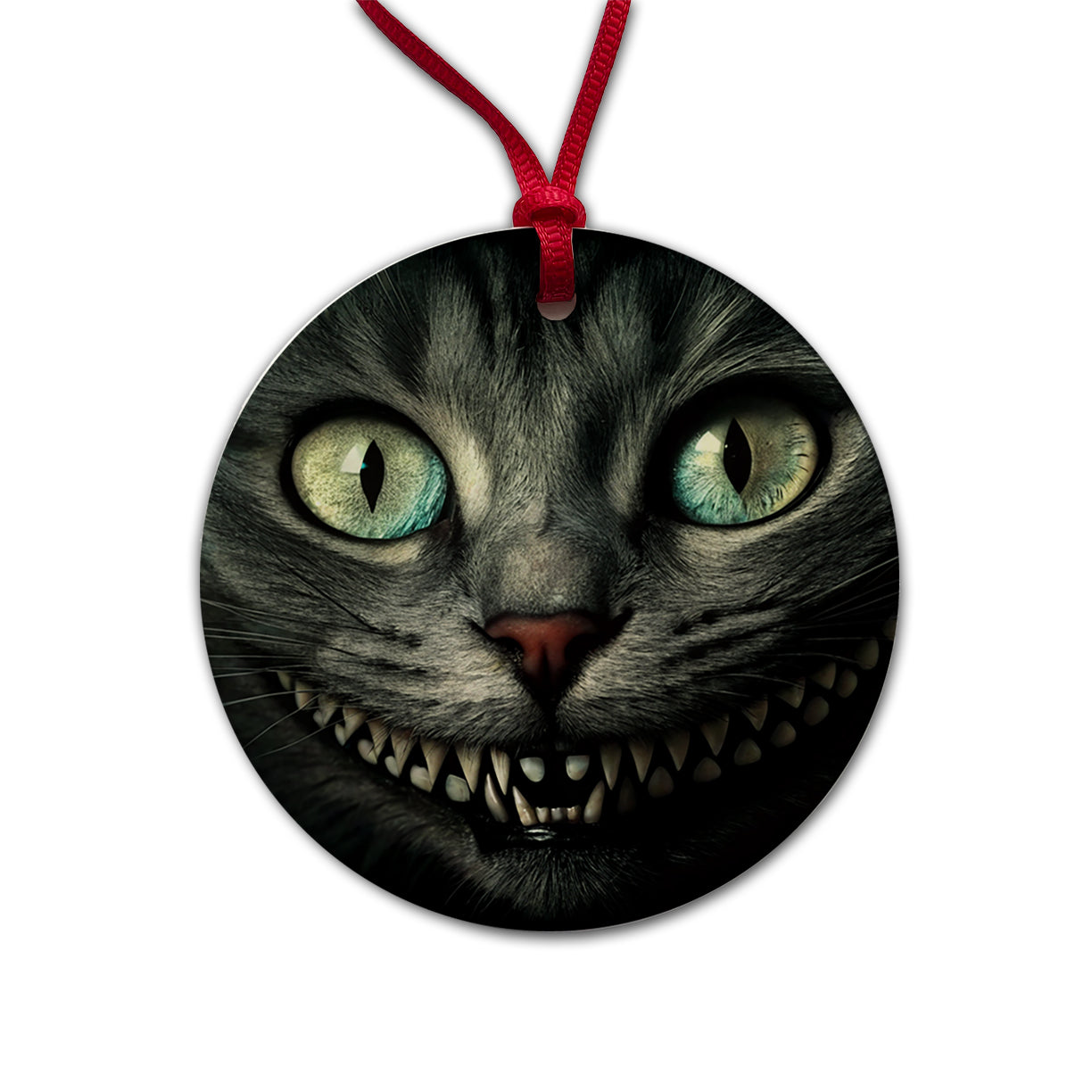 Mischievous Cheshire Cat Grin on Black Round Ceramic Holiday Christmas Tree Ornament