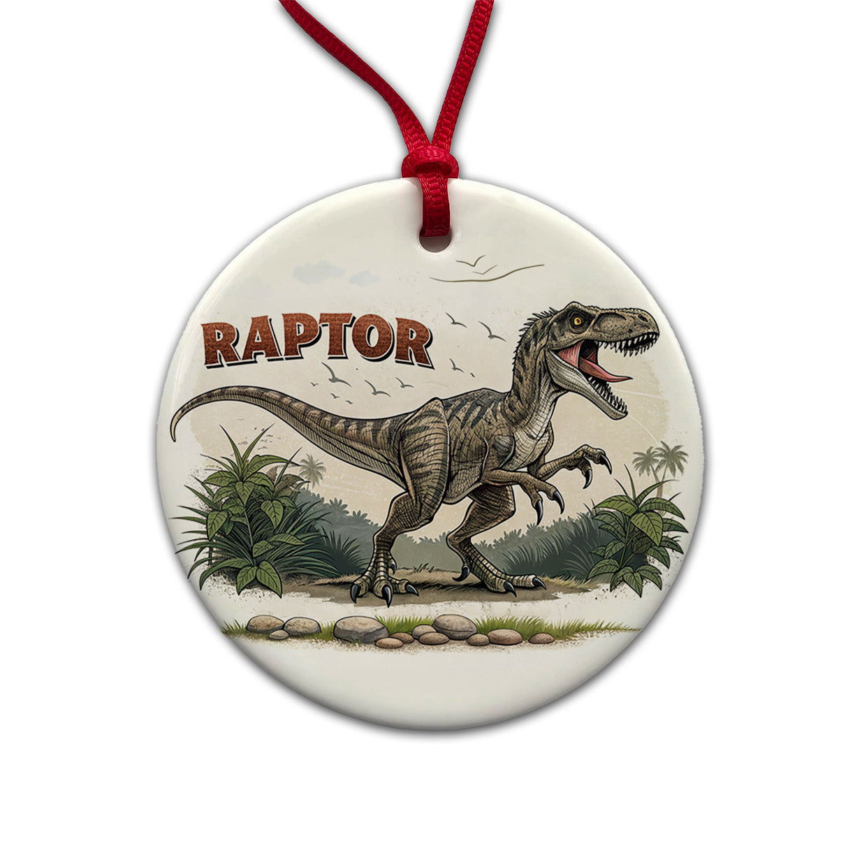 Raptor Dinosaur Cartoon Round Ceramic Holiday Christmas Tree Ornament