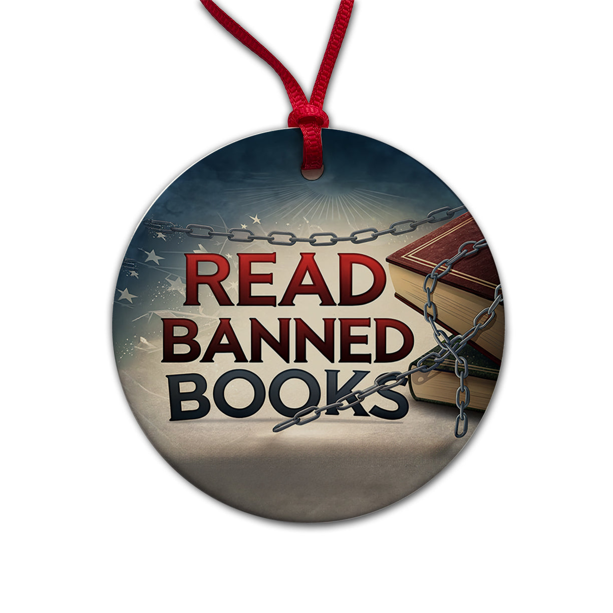 Read Banned Books Chains Round Ceramic Holiday Christmas Tree Ornament