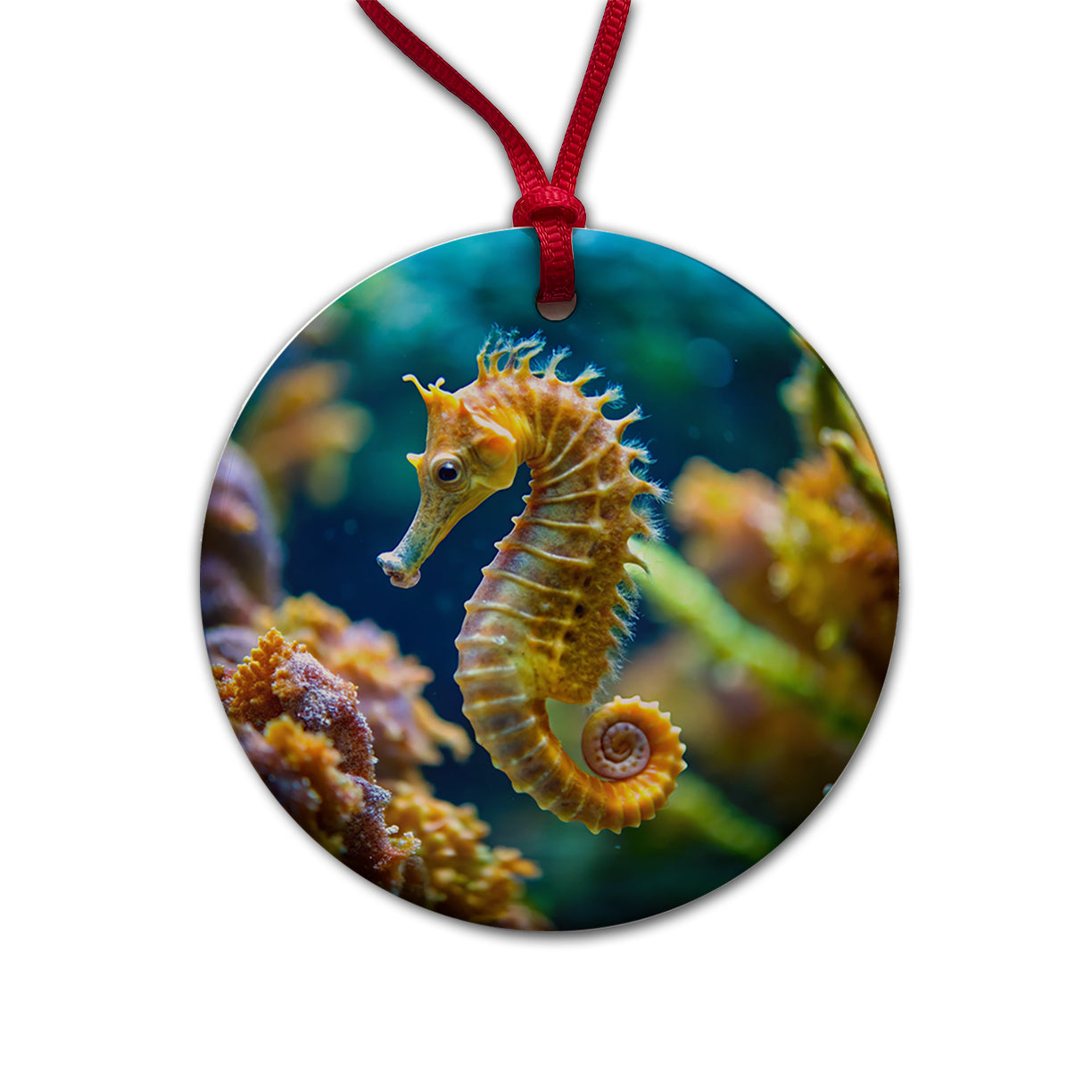 Seahorse in the Ocean Round Ceramic Holiday Christmas Tree Ornament