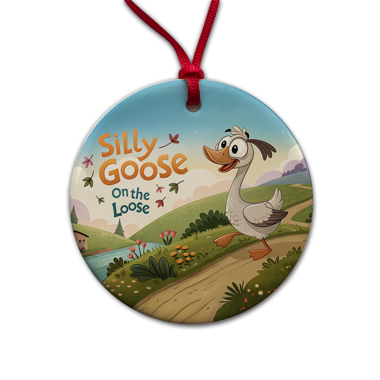 Silly Goose On The Loose Funny Cartoon Round Ceramic Holiday Christmas Tree Ornament