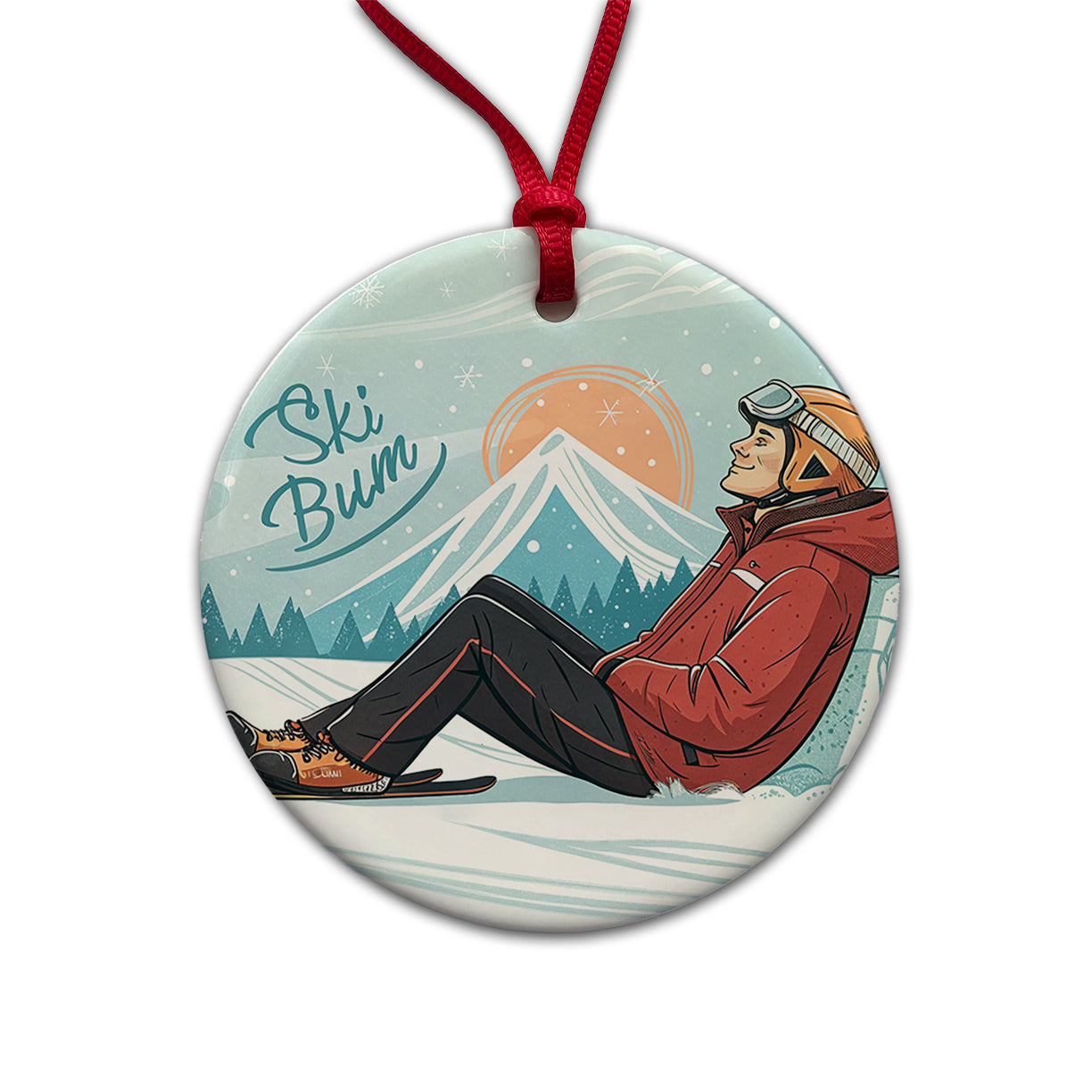 Ski Bum Lounging Round Ceramic Holiday Christmas Tree Ornament