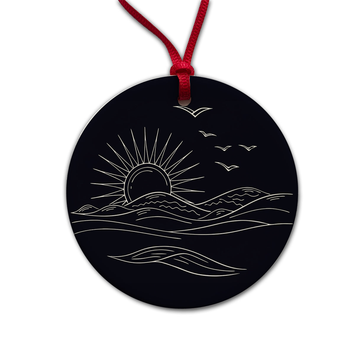 Sunrise And Ocean Wave Outline Illustration Round Ceramic Holiday Christmas Tree Ornament