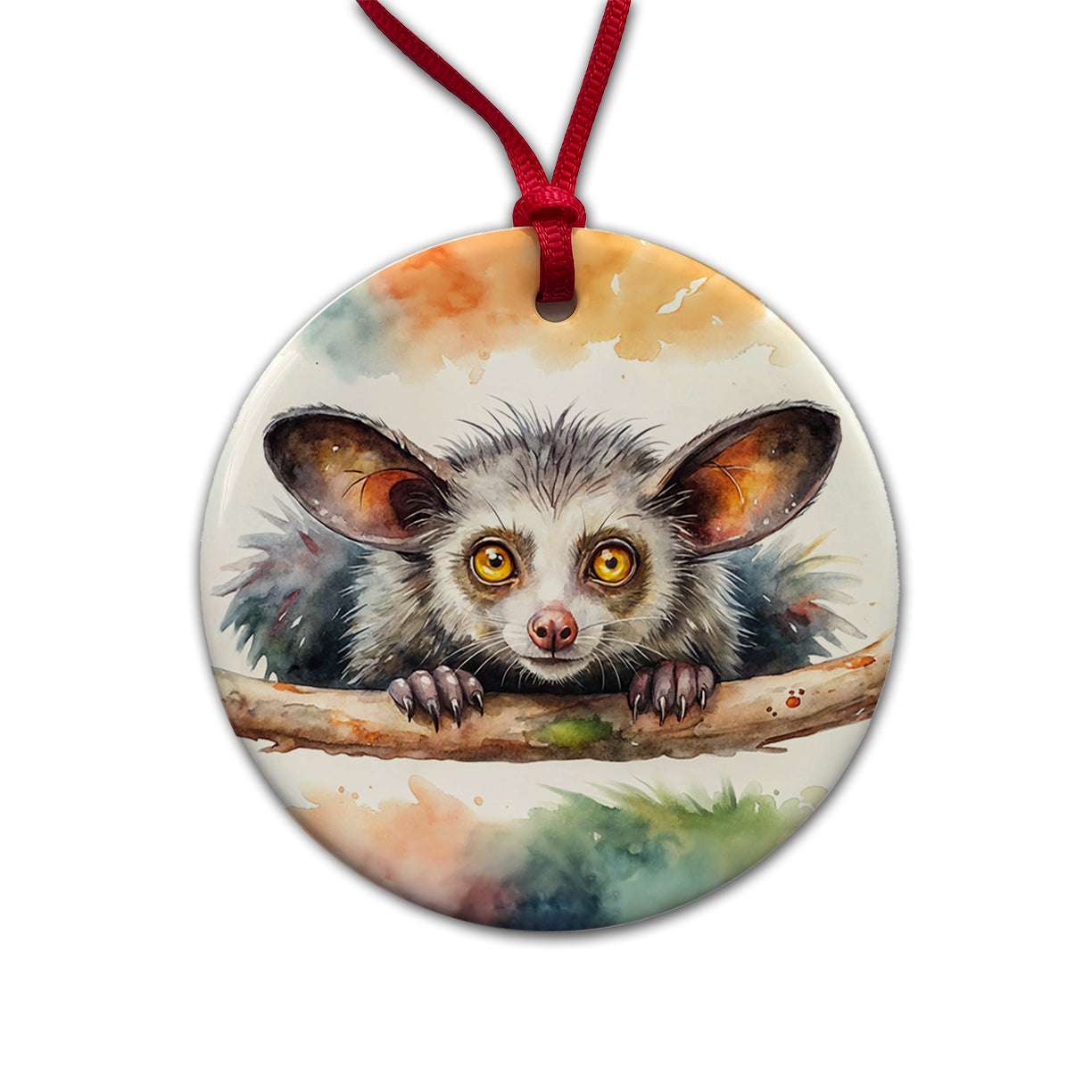 Aye Aye Long Fingered Lemur Watercolor Round Ceramic Holiday Christmas Tree Ornament