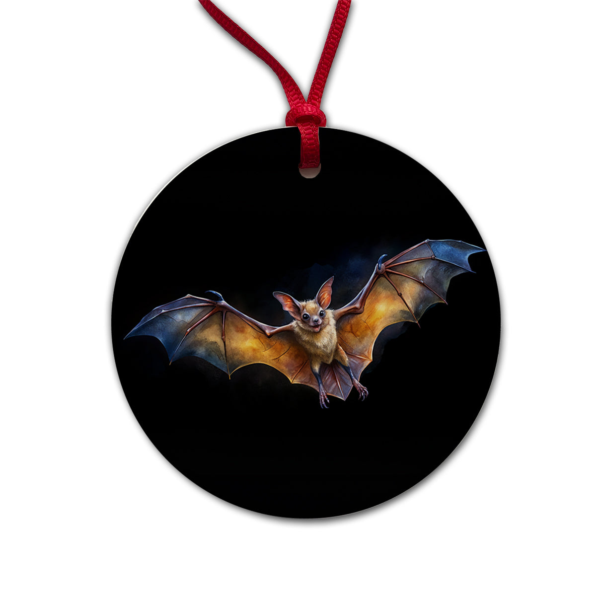 Bat Flying Watercolor Black Background Round Ceramic Holiday Christmas Tree Ornament