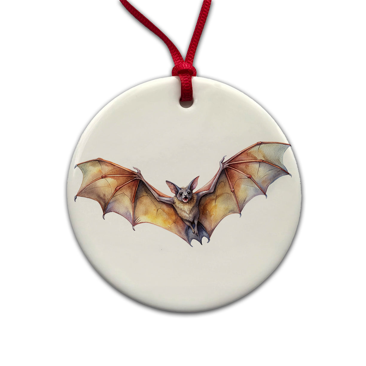 Bat Flying Watercolor Round Ceramic Holiday Christmas Tree Ornament