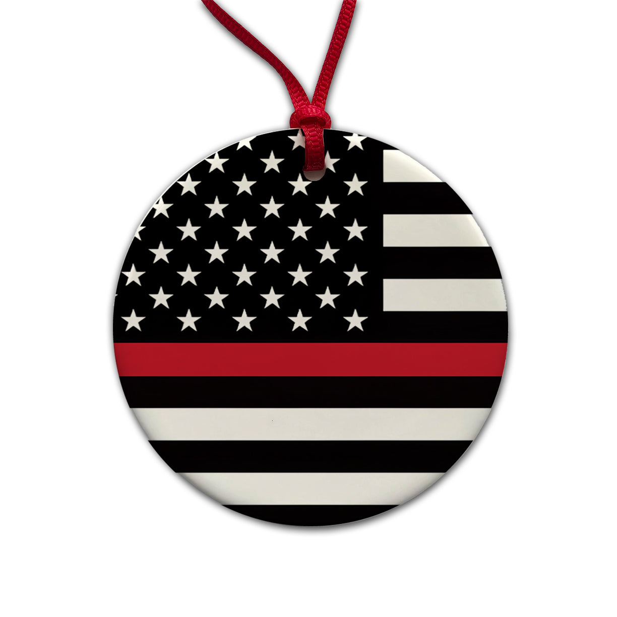 Black and White Thin Red Line Firefighter American Flag Round Ceramic Holiday Christmas Tree Ornament