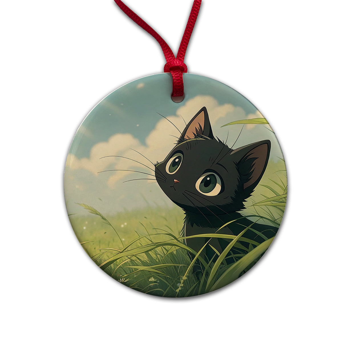 Black Kitten Cat in Field of Grass Anime Style Round Ceramic Holiday Christmas Tree Ornament