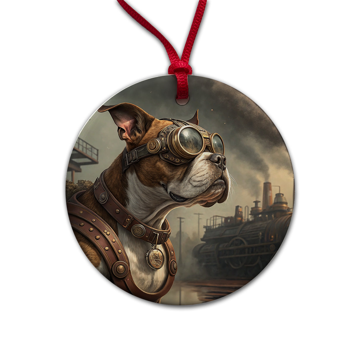 Boxer Dog Steampunk Round Ceramic Holiday Christmas Tree Ornament