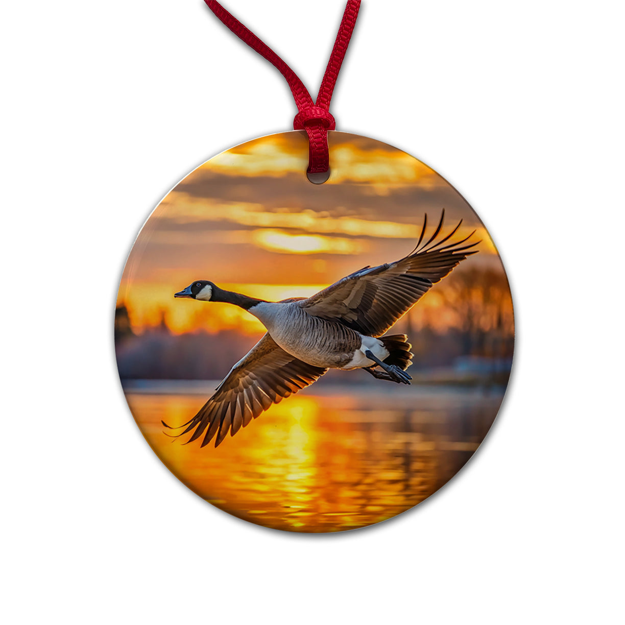 Canada Canadian Goose In Flight At Sunset Round Ceramic Holiday Christmas Tree Ornament