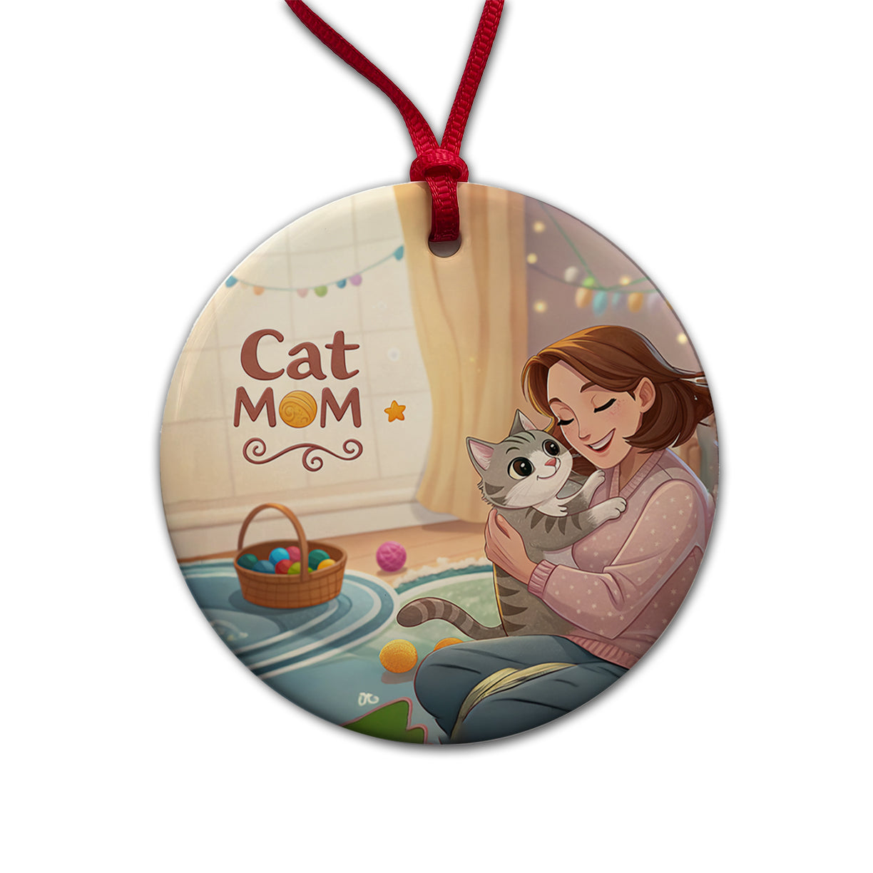 Cat Mom Cartoon Round Ceramic Holiday Christmas Tree Ornament