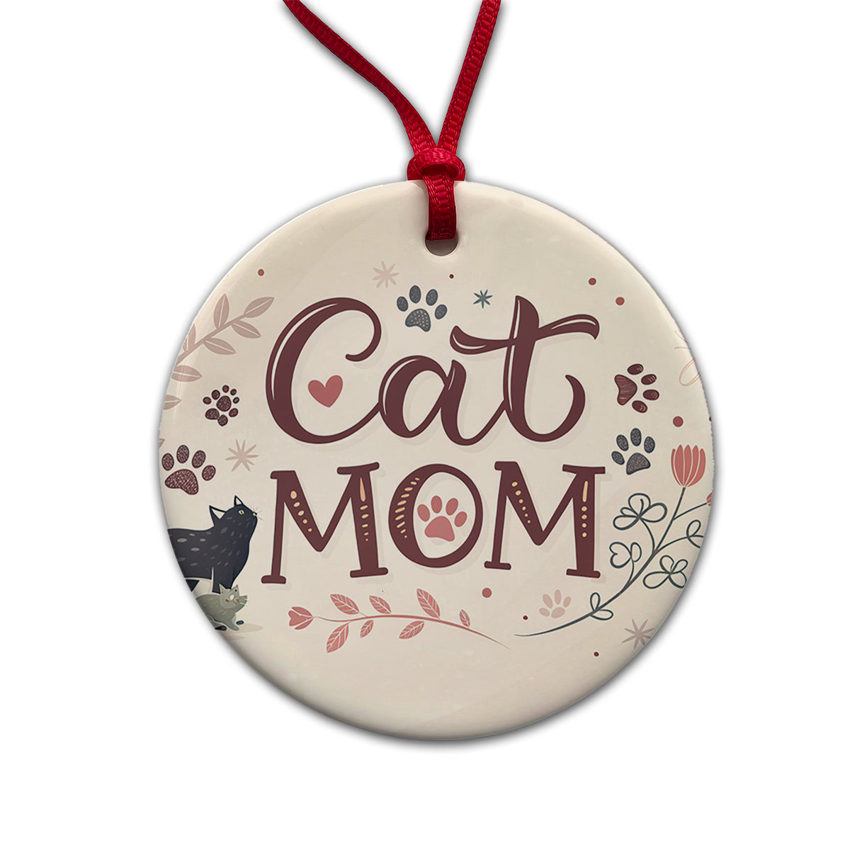 Cat Mom Floral Paw Prints Round Ceramic Holiday Christmas Tree Ornament