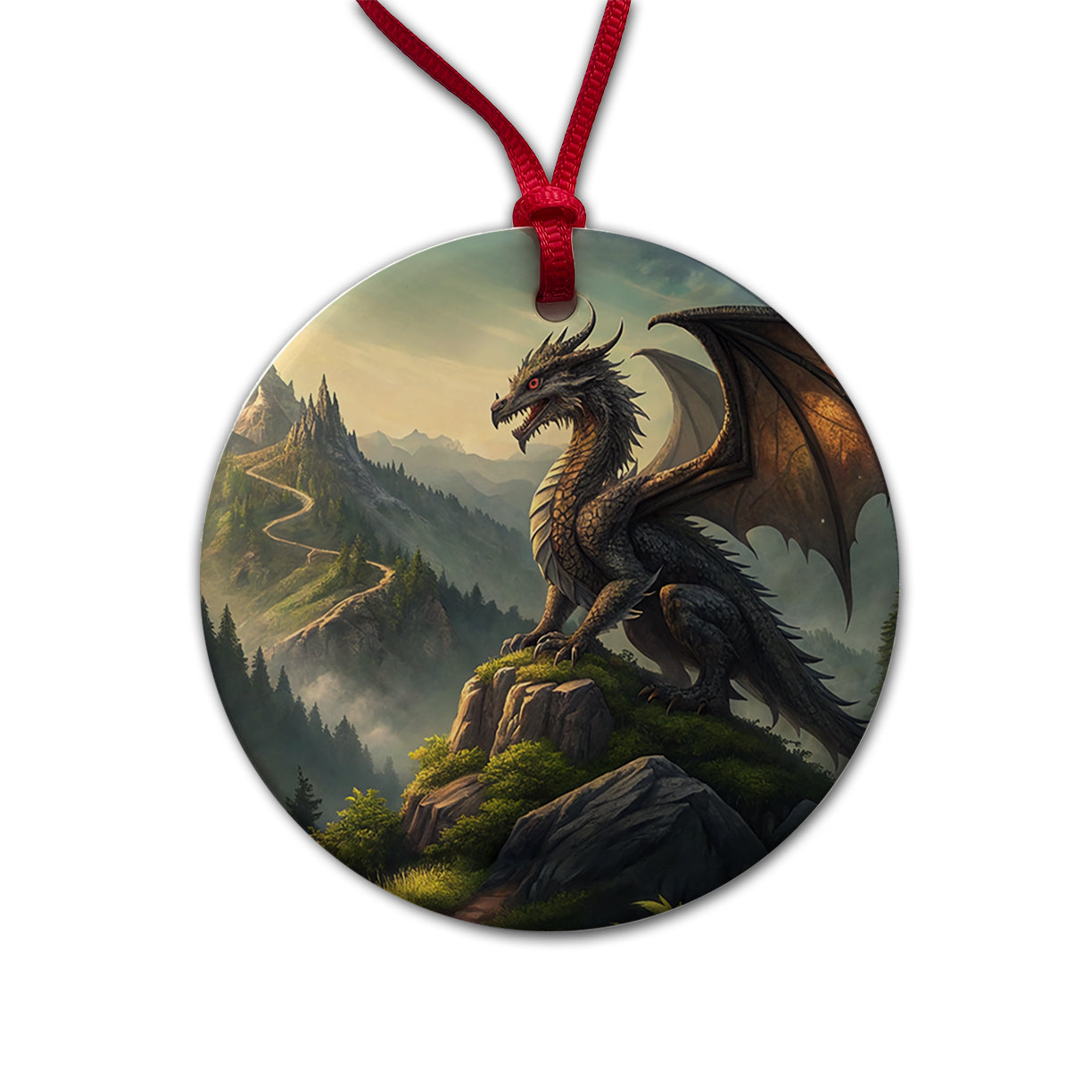 Fantasy Dragon on Mountain Illustration Round Ceramic Holiday Christmas Tree Ornament