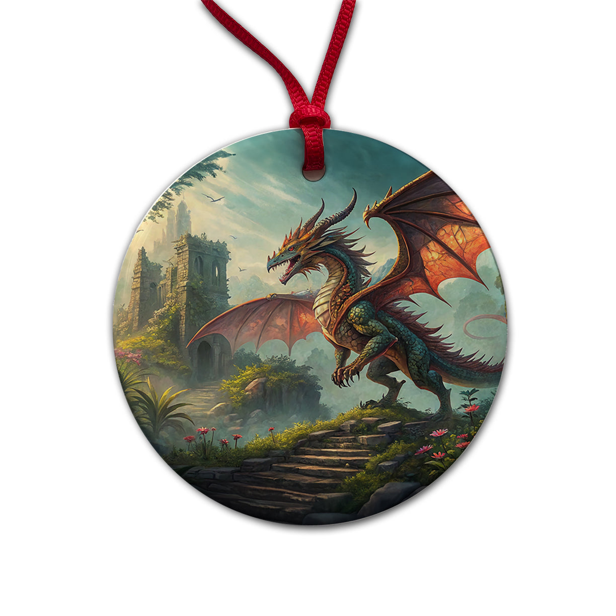 Fantasy Dragon Retro Pulp Magazine Illustration Round Ceramic Holiday Christmas Tree Ornament