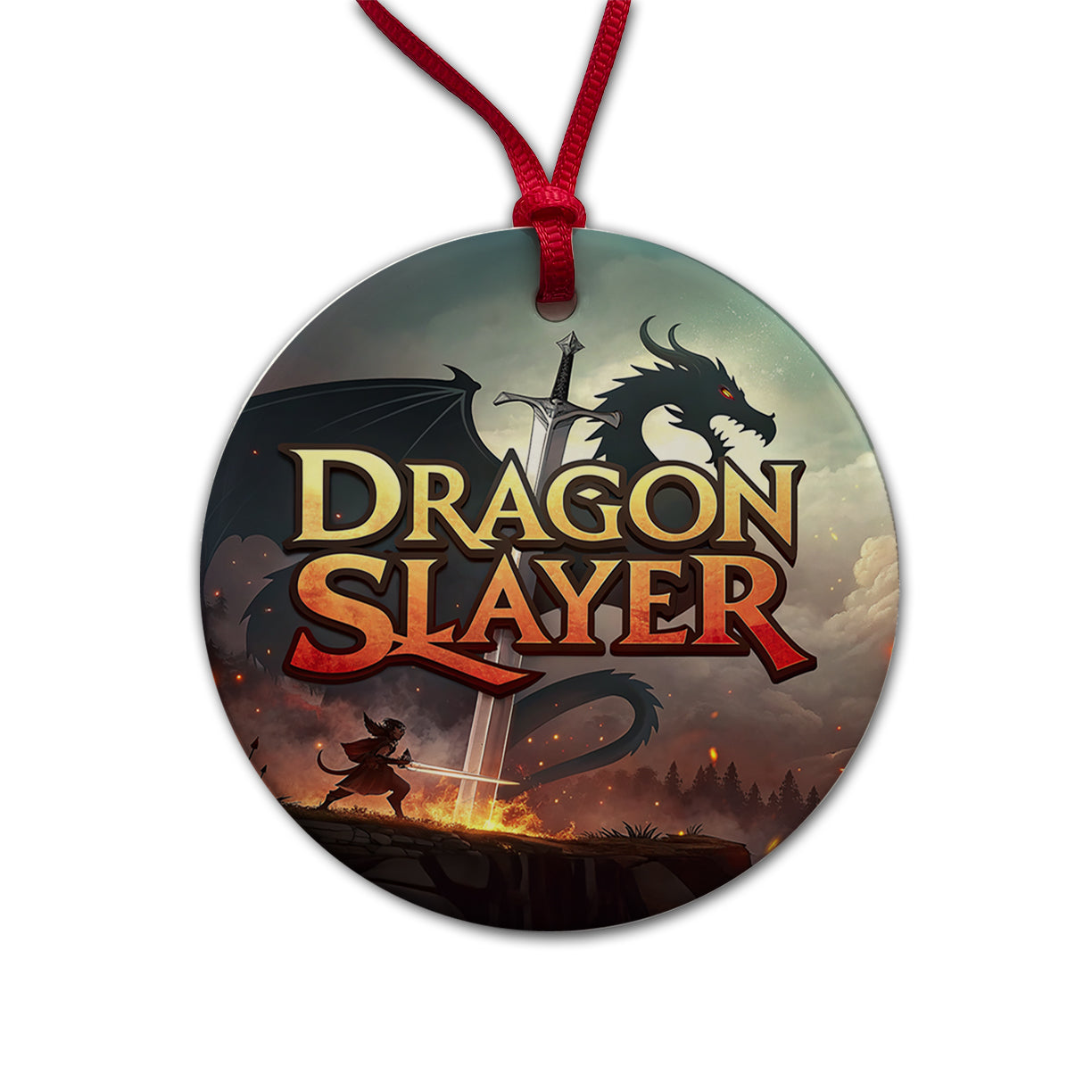 Fantasy Knight Dragon Slayer Illustration Round Ceramic Holiday Christmas Tree Ornament