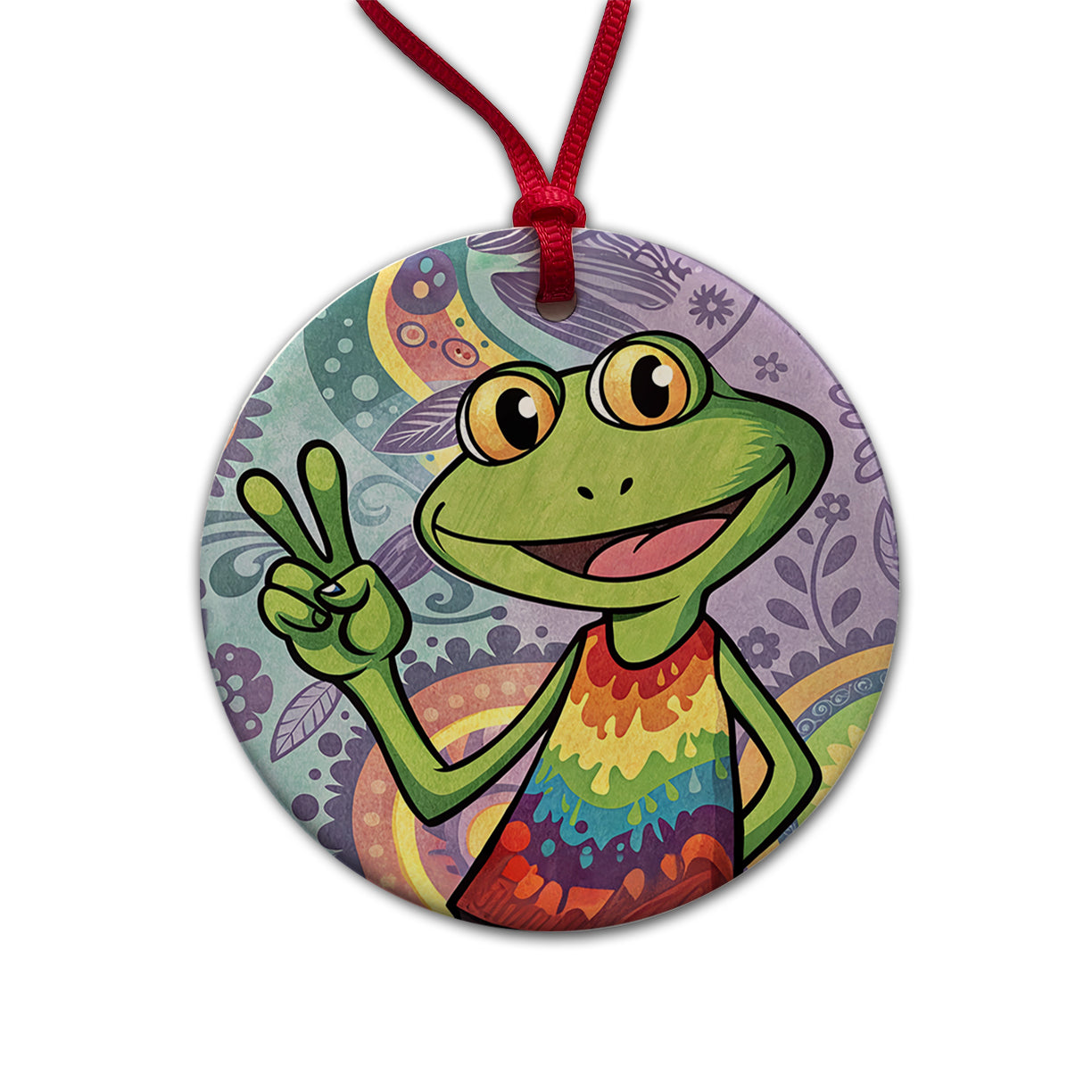 Frog Giving Peace Sign Hippie Tie Dye Round Ceramic Holiday Christmas Tree Ornament
