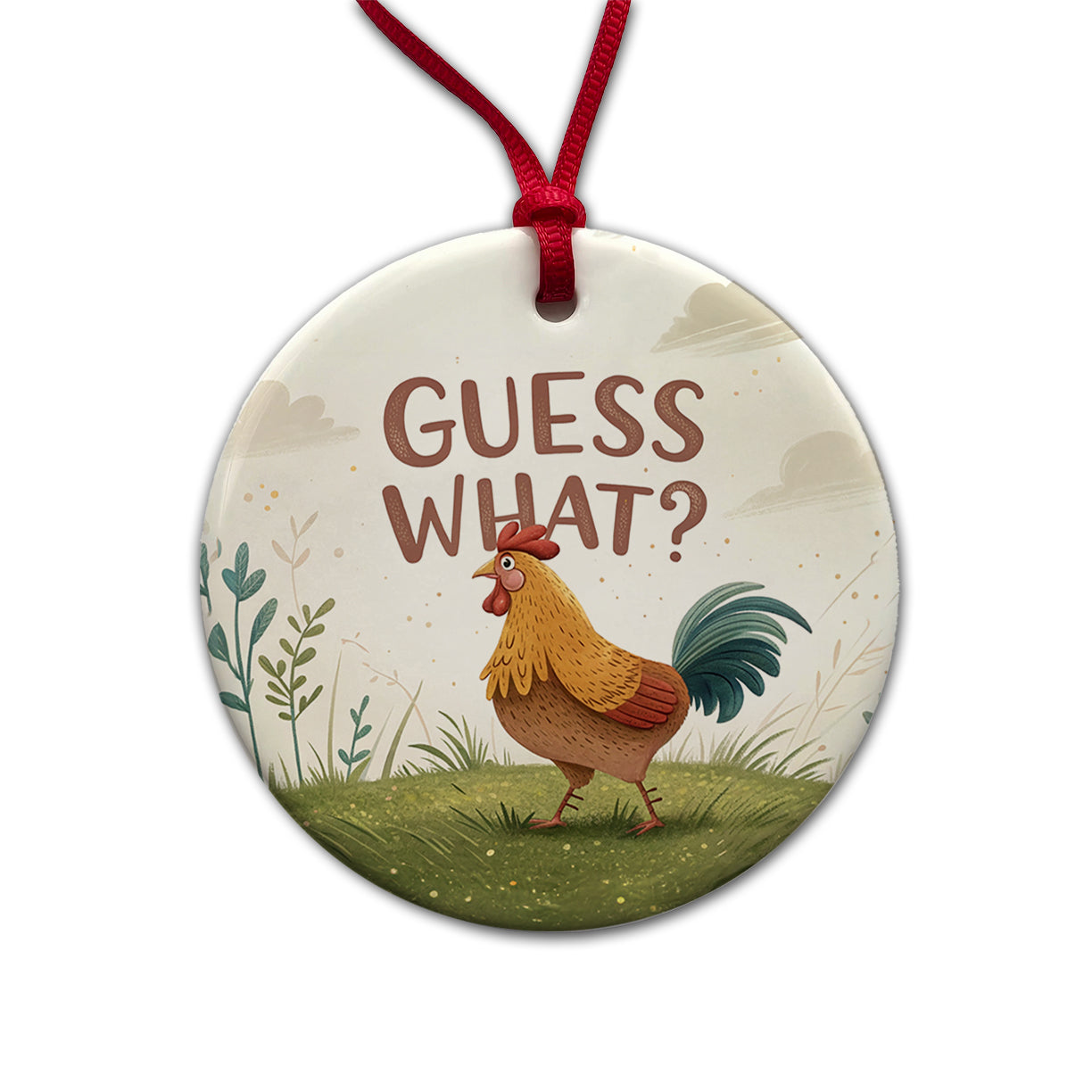 Guess What Chicken Butt Funny Cartoon Round Ceramic Holiday Christmas Tree Ornament
