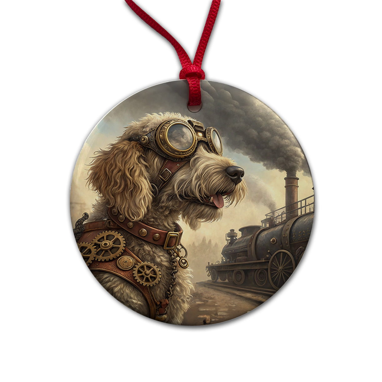 Labradoodle Dog Steampunk Round Ceramic Holiday Christmas Tree Ornament