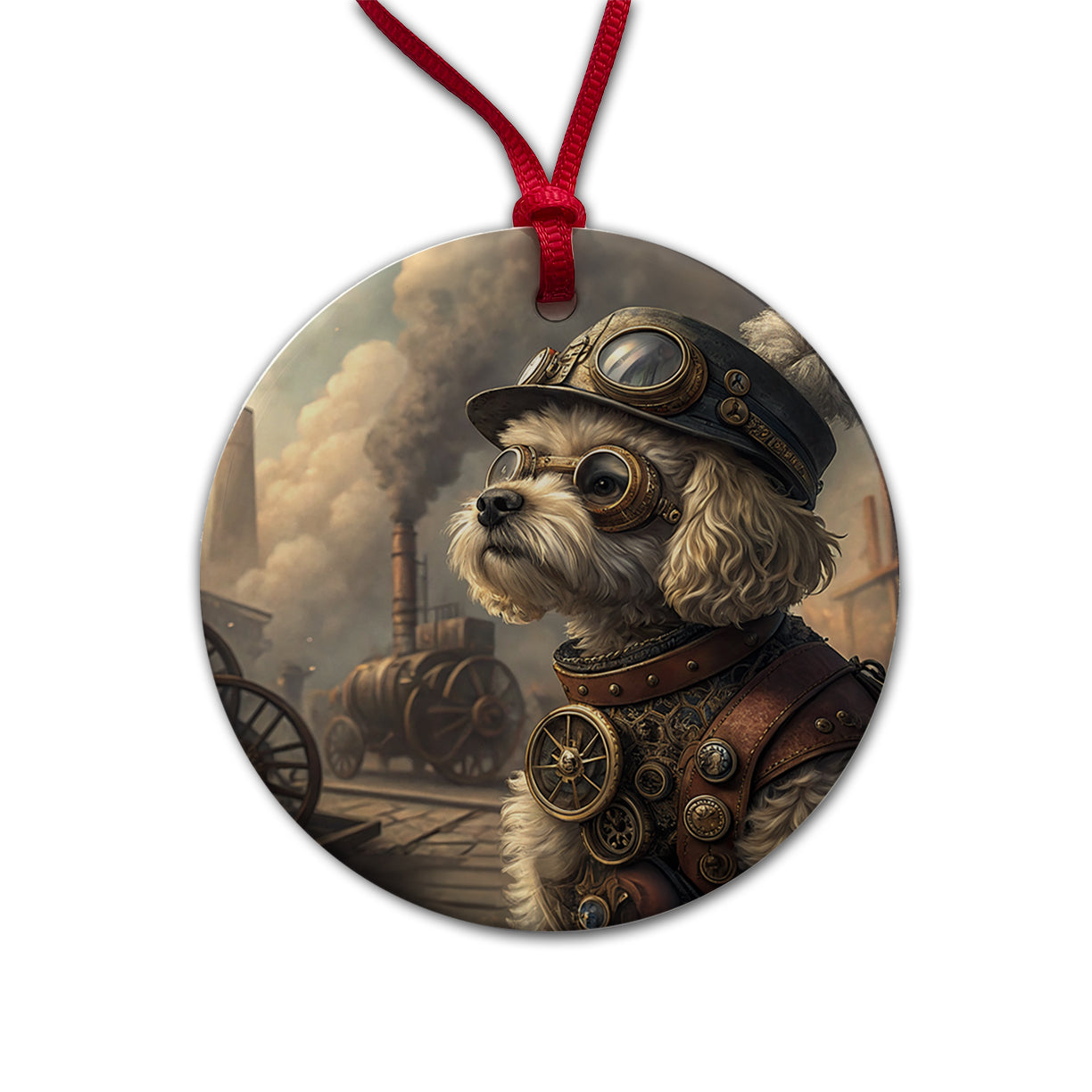 Maltipoo Dog Steampunk Round Ceramic Holiday Christmas Tree Ornament