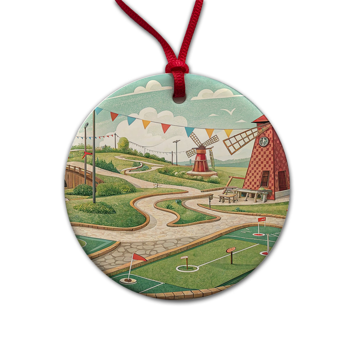Miniature Golf Course Round Ceramic Holiday Christmas Tree Ornament