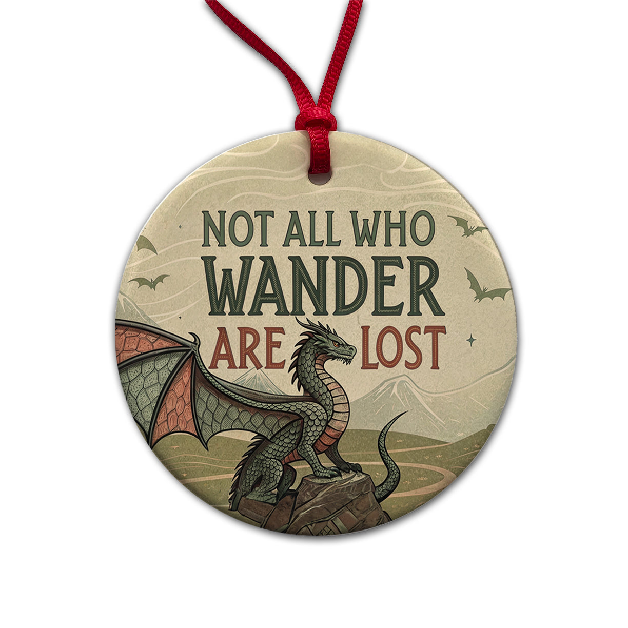 Not All Who Wander Are Lost Vintage Fantasy Illustration Round Ceramic Holiday Christmas Tree Ornament
