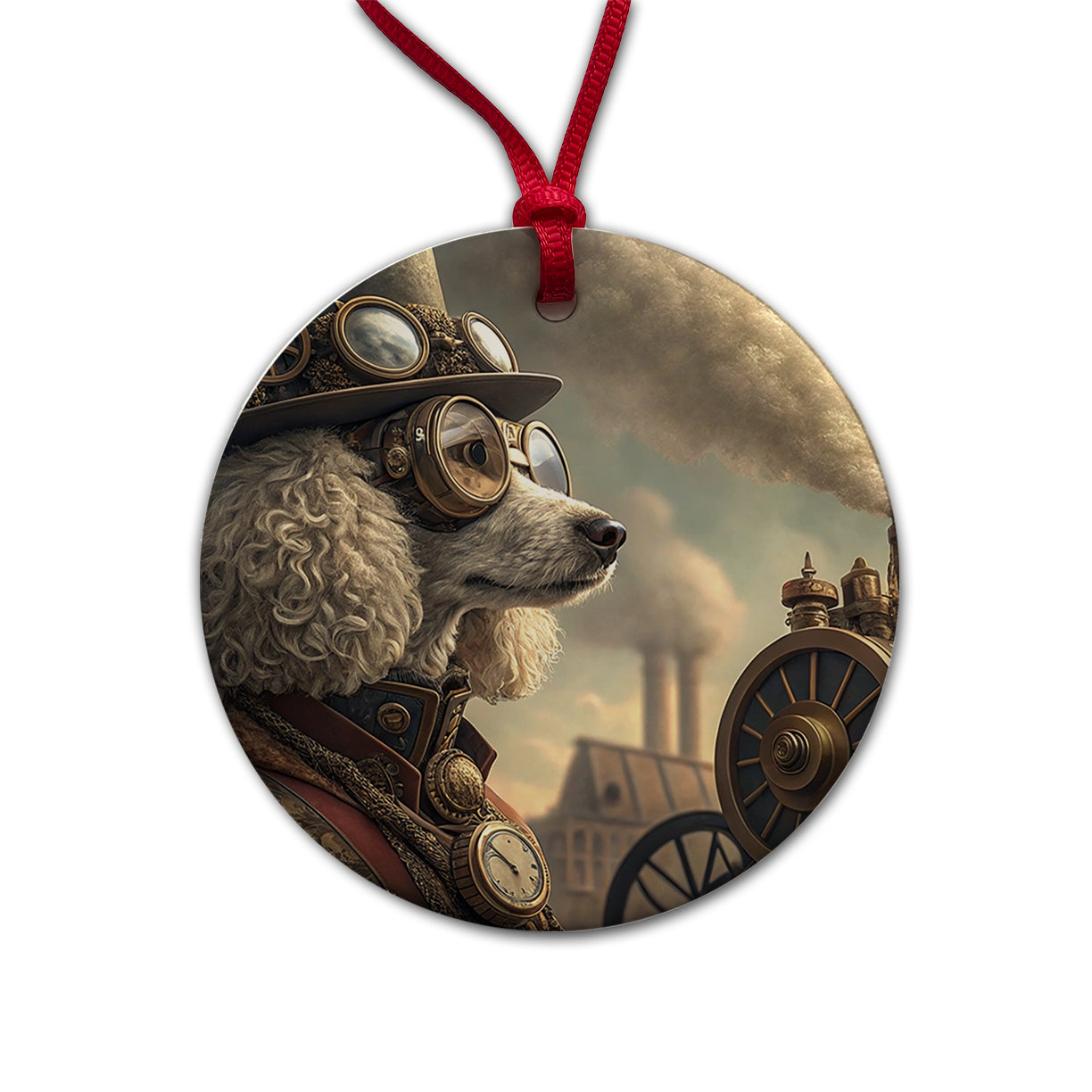 Poodle Dog Steampunk Round Ceramic Holiday Christmas Tree Ornament
