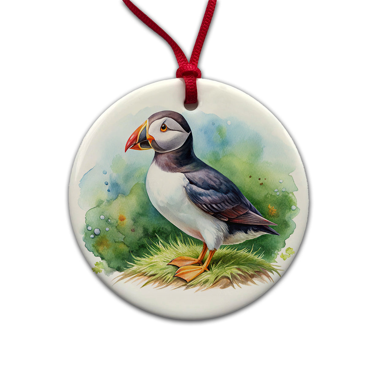 Puffin Bird Watercolor Round Ceramic Holiday Christmas Tree Ornament