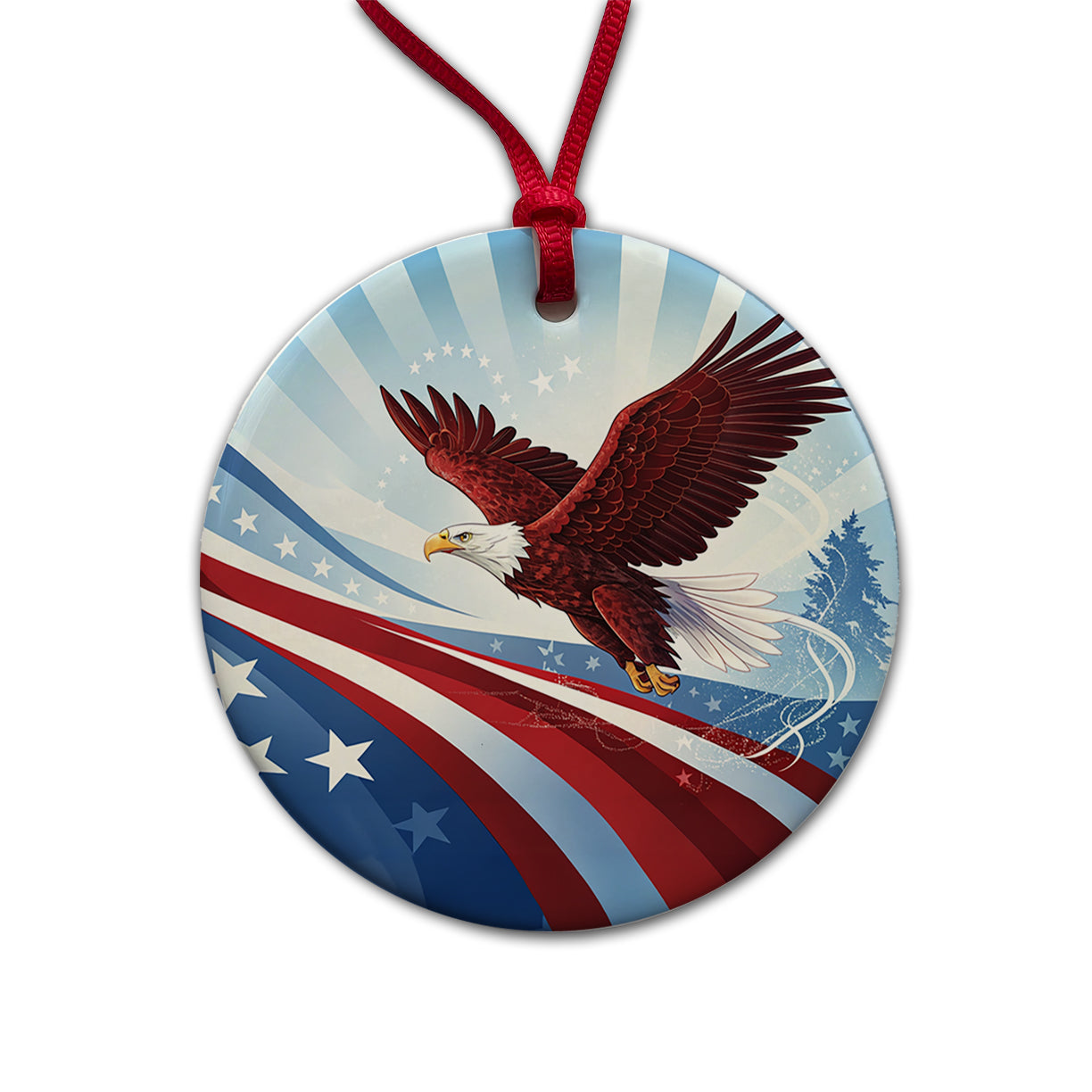 Red Blue White Patriotic Bald Eagle Round Ceramic Holiday Christmas Tree Ornament