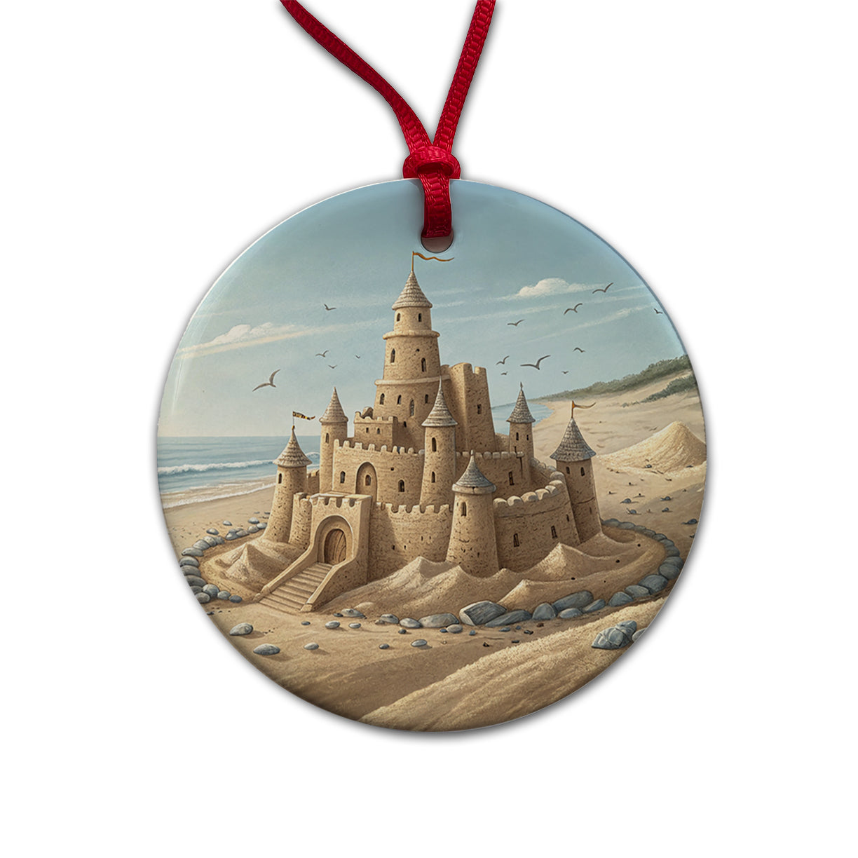 Sandcastle On Beach Round Ceramic Holiday Christmas Tree Ornament