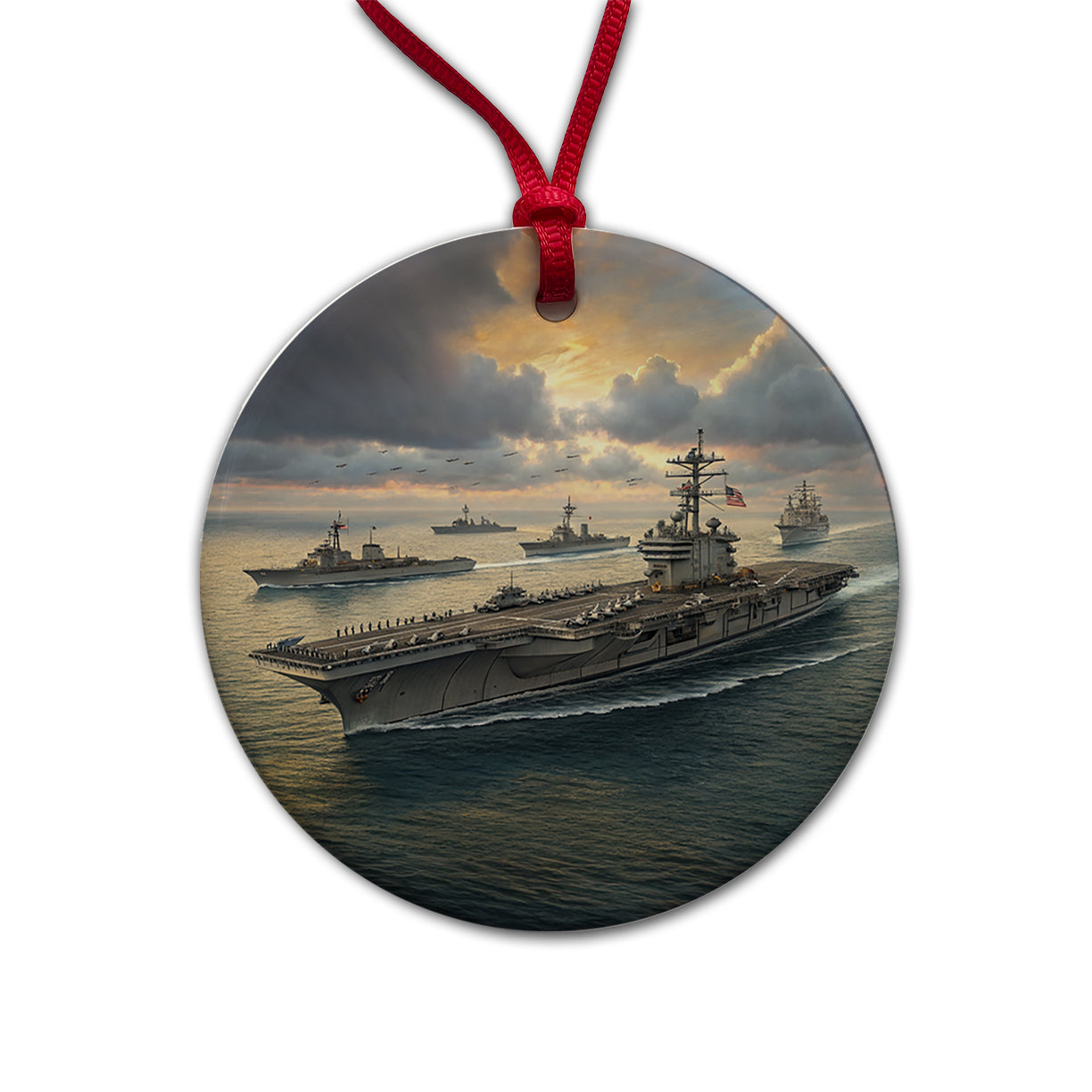 US Navy Carrier Strike Group At Sea Illustration Round Ceramic Holiday Christmas Tree Ornament