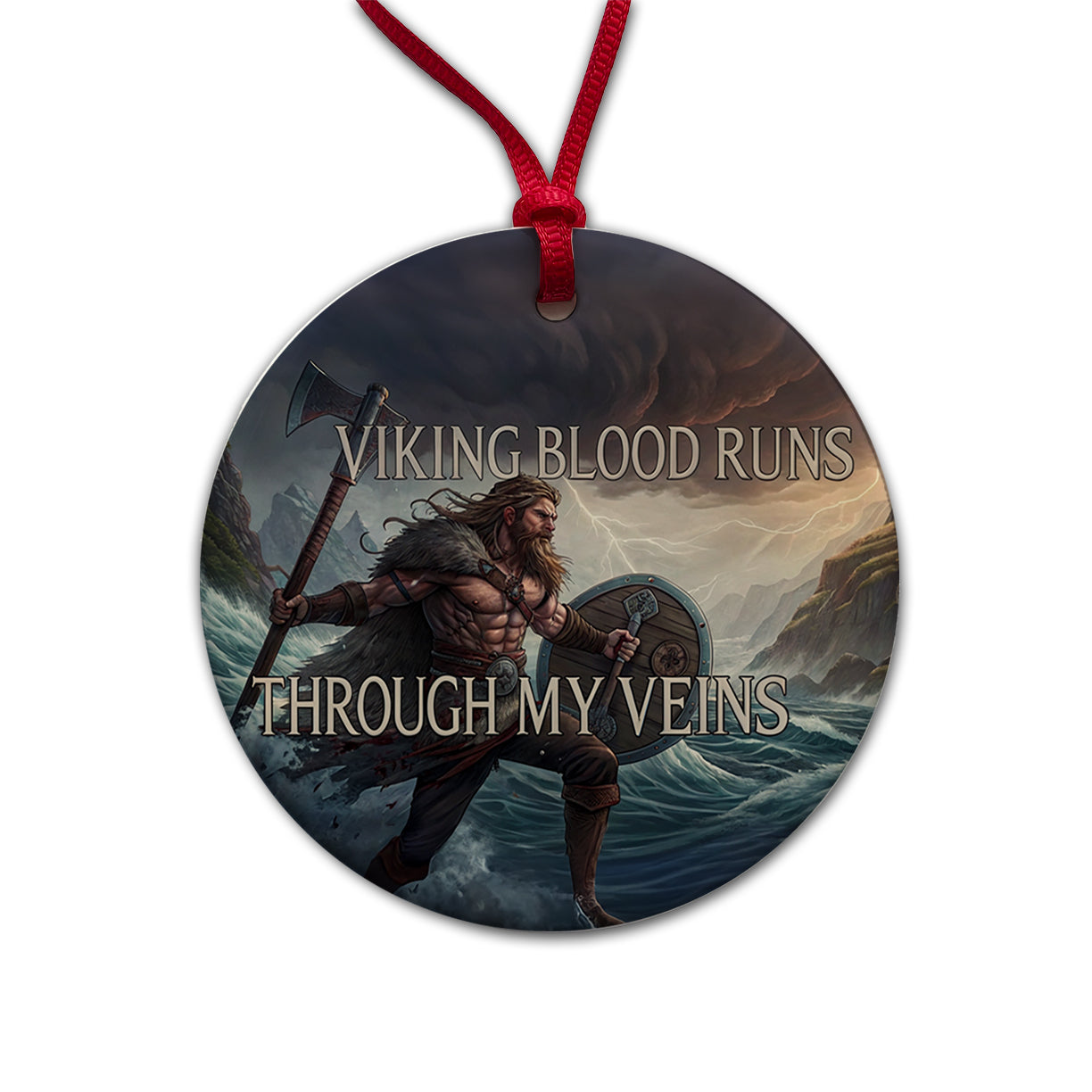 Viking Blood Runs Through My Veins Scandinavian Norse Warrior Round Ceramic Holiday Christmas Tree Ornament
