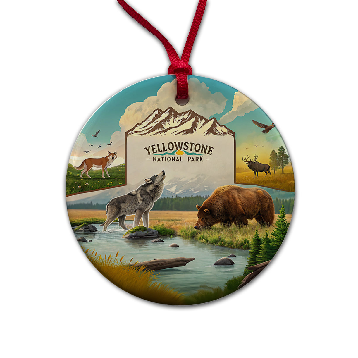 Yellowstone National Park Animals Round Ceramic Holiday Christmas Tree Ornament