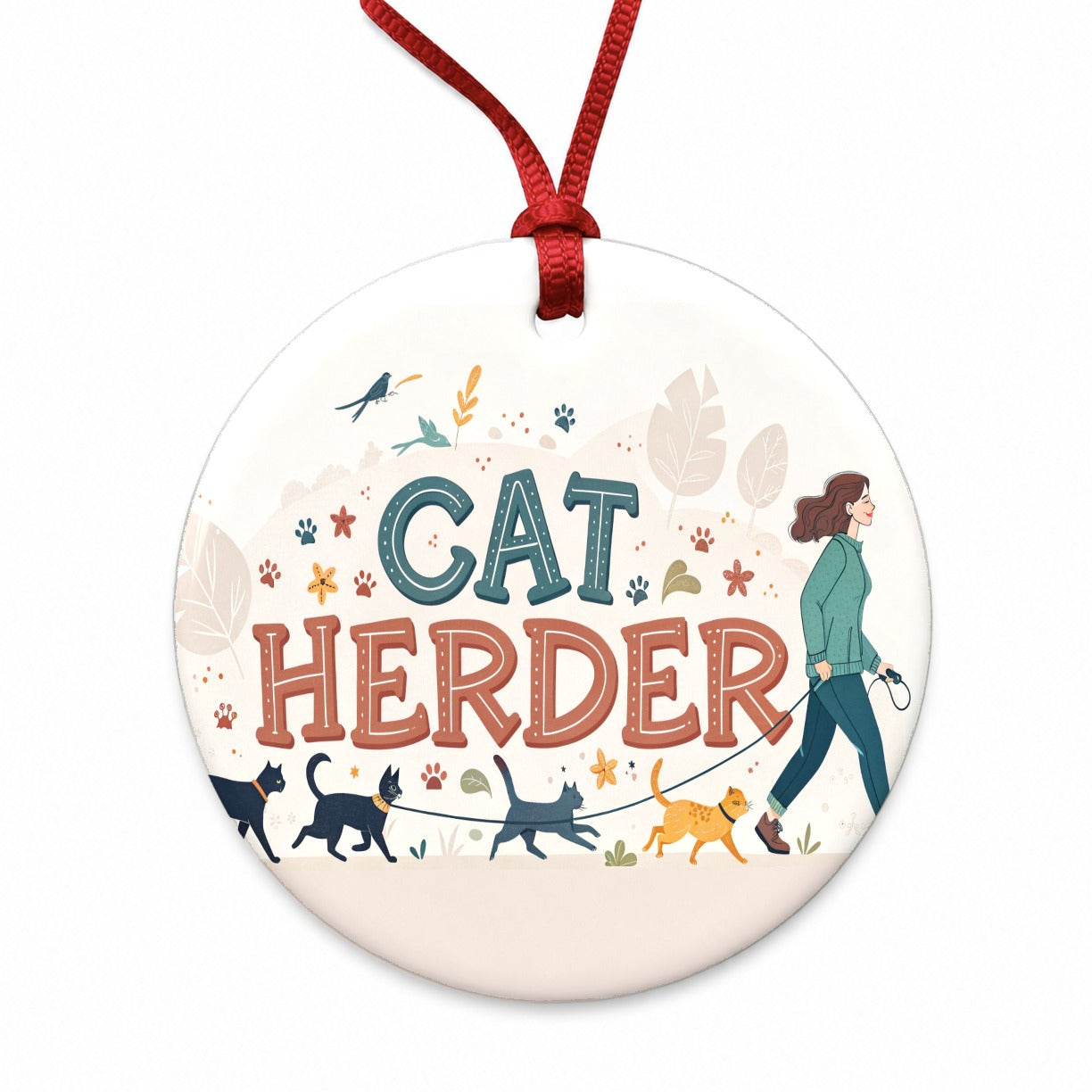 Cat Herder Herding Funny Round Ceramic Holiday Christmas Tree Ornament