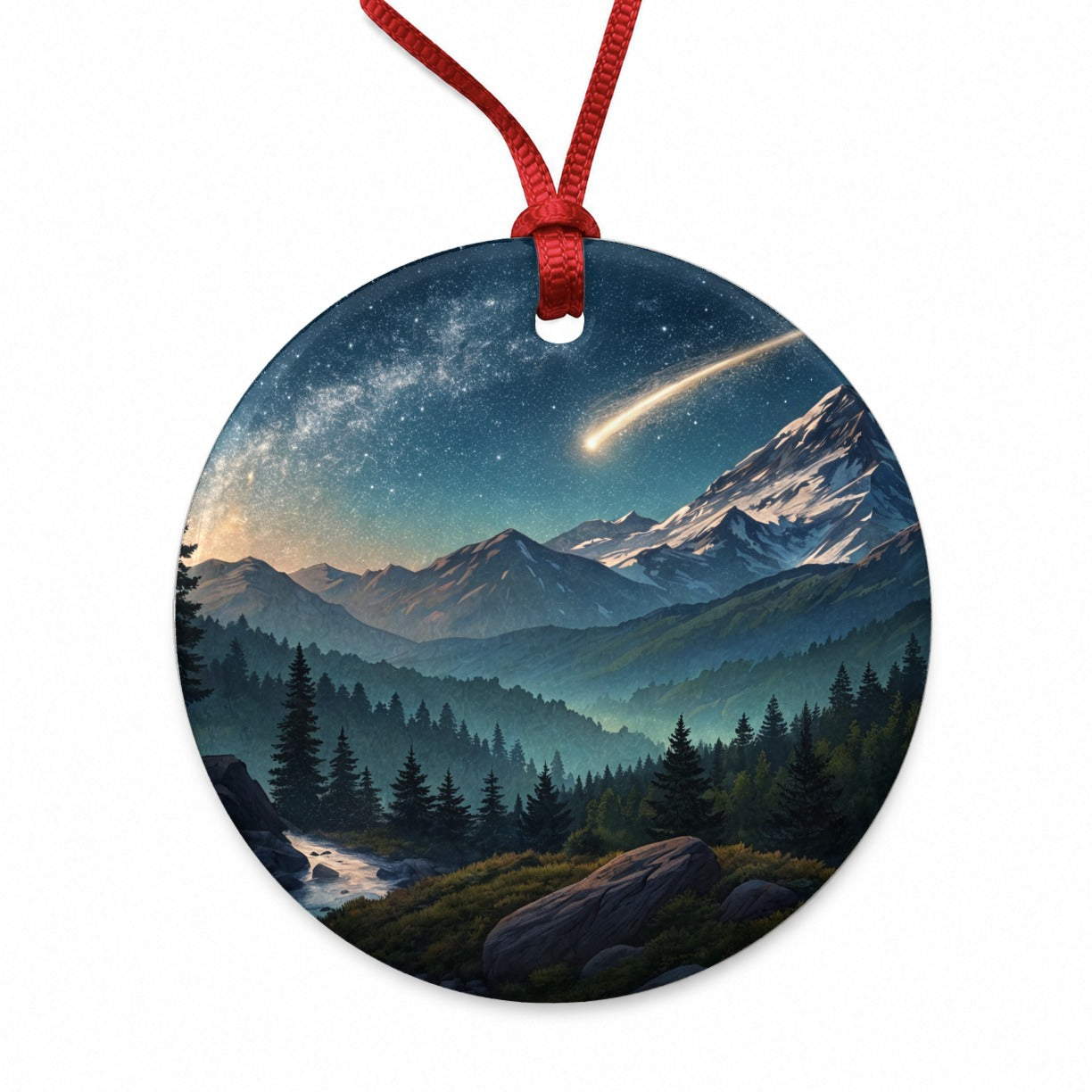 Comet Shooting Star In The Night Sky Over Mountains Round Ceramic Holiday Christmas Tree Ornament