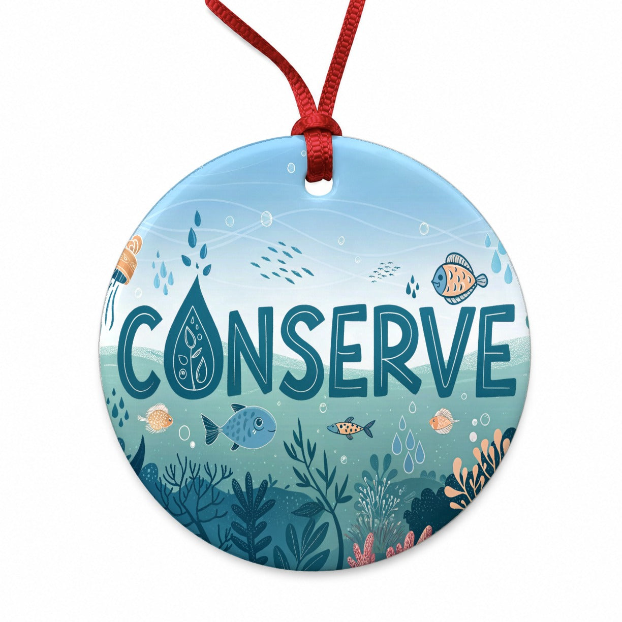 Conserve Water Fish Conservation Theme Round Ceramic Holiday Christmas Tree Ornament