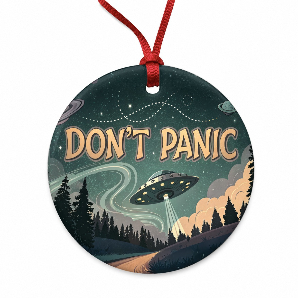 Don't Panic Retro UFO Invasion Funny Round Ceramic Holiday Christmas Tree Ornament