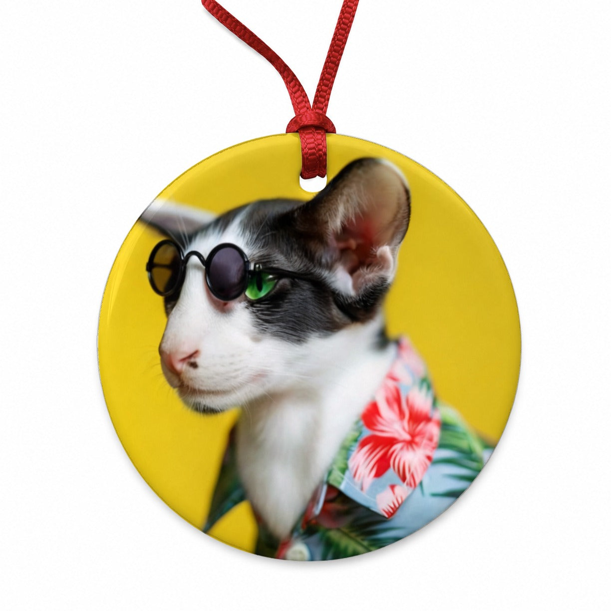 Funny Cat With Glasses And Hawaiian Shirt Round Ceramic Holiday Christmas Tree Ornament