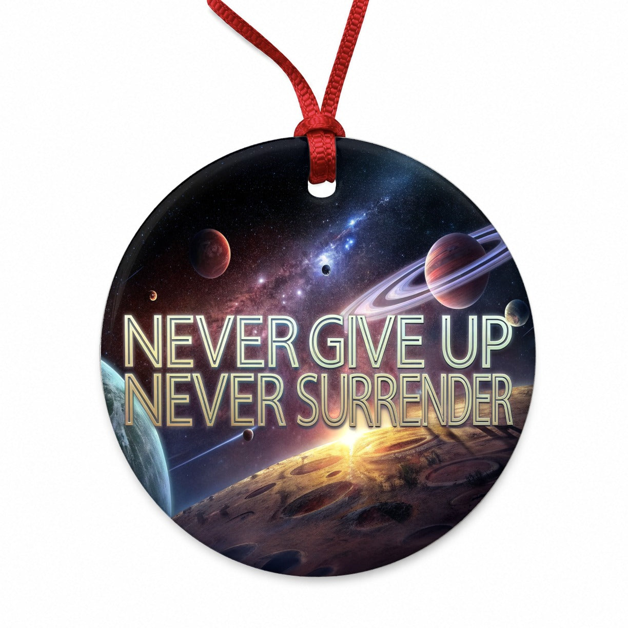 Never Give Up Never Surrender Galaxy Space Inspirational Round Ceramic Holiday Christmas Tree Ornament