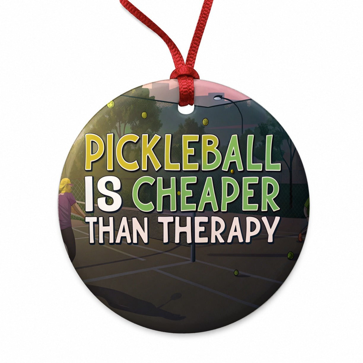 Pickleball Is Cheaper Than Therapy Funny Round Ceramic Holiday Christmas Tree Ornament