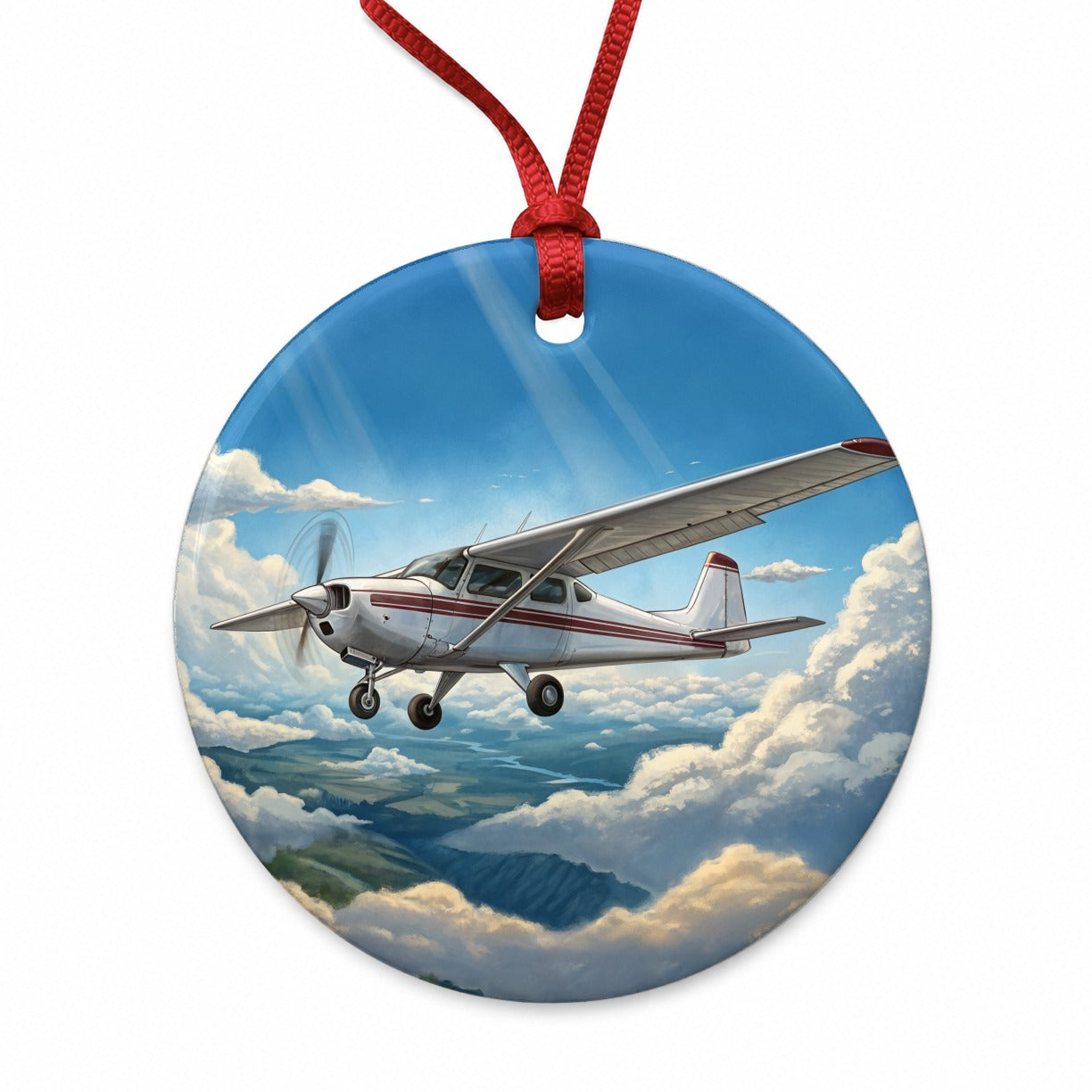Private Single Prop Plane In Flight Round Ceramic Holiday Christmas Tree Ornament