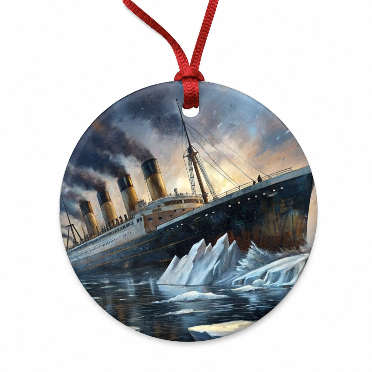 RMS Titanic Ship Hitting Iceberg Sinking Round Ceramic Holiday Christmas Tree Ornament